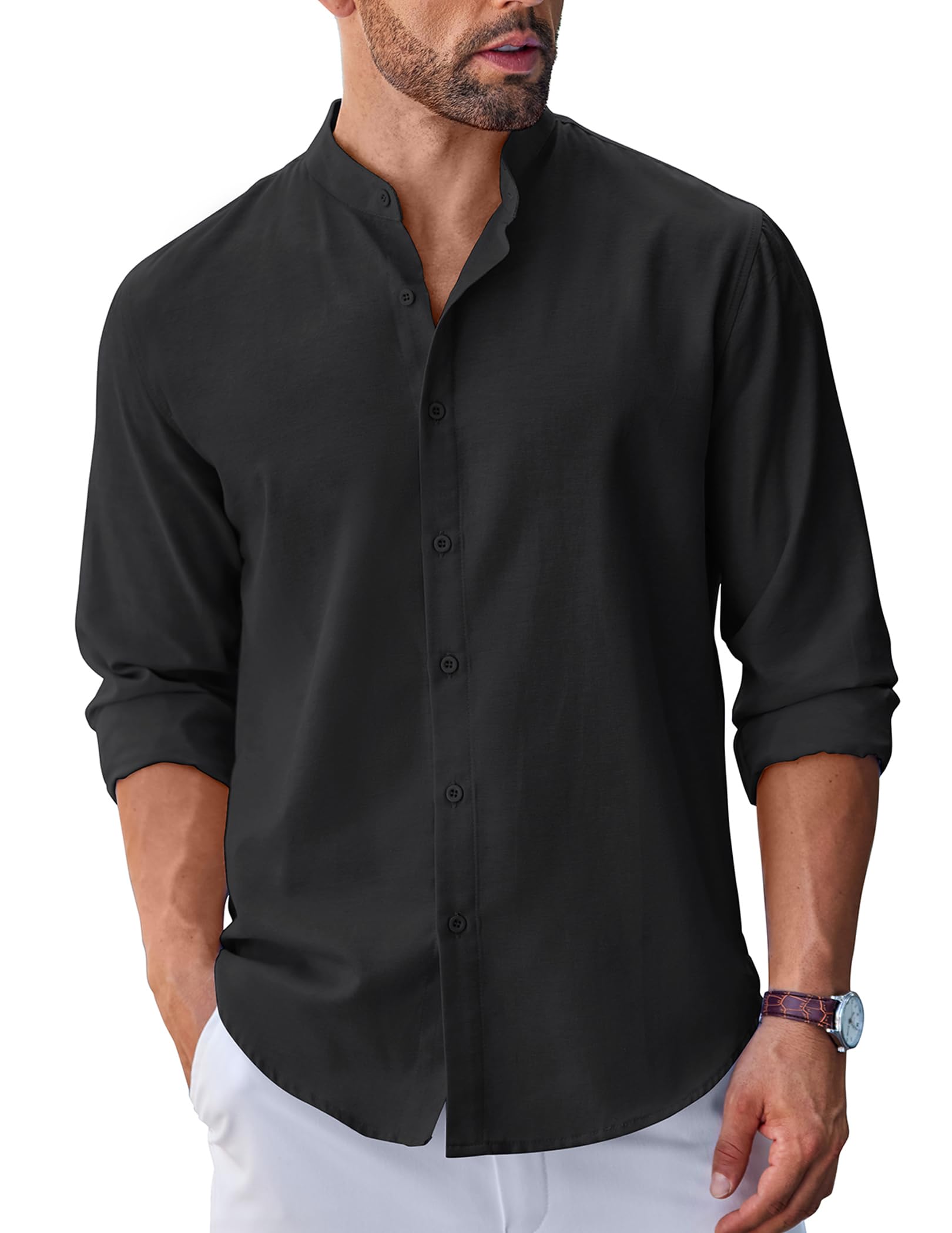 Men's Long Sleeve Oxford Dress Shirts Button Down Shirt Casual Band Collar Shirts