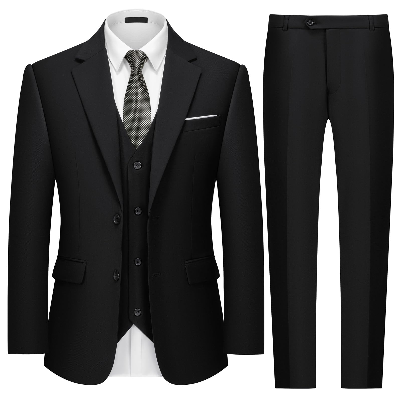 Mens Two Button 3-Piece Suits Slim Fit Tuxedo Set with Blazer Jacket Vest & Pants for Wedding Prom Business