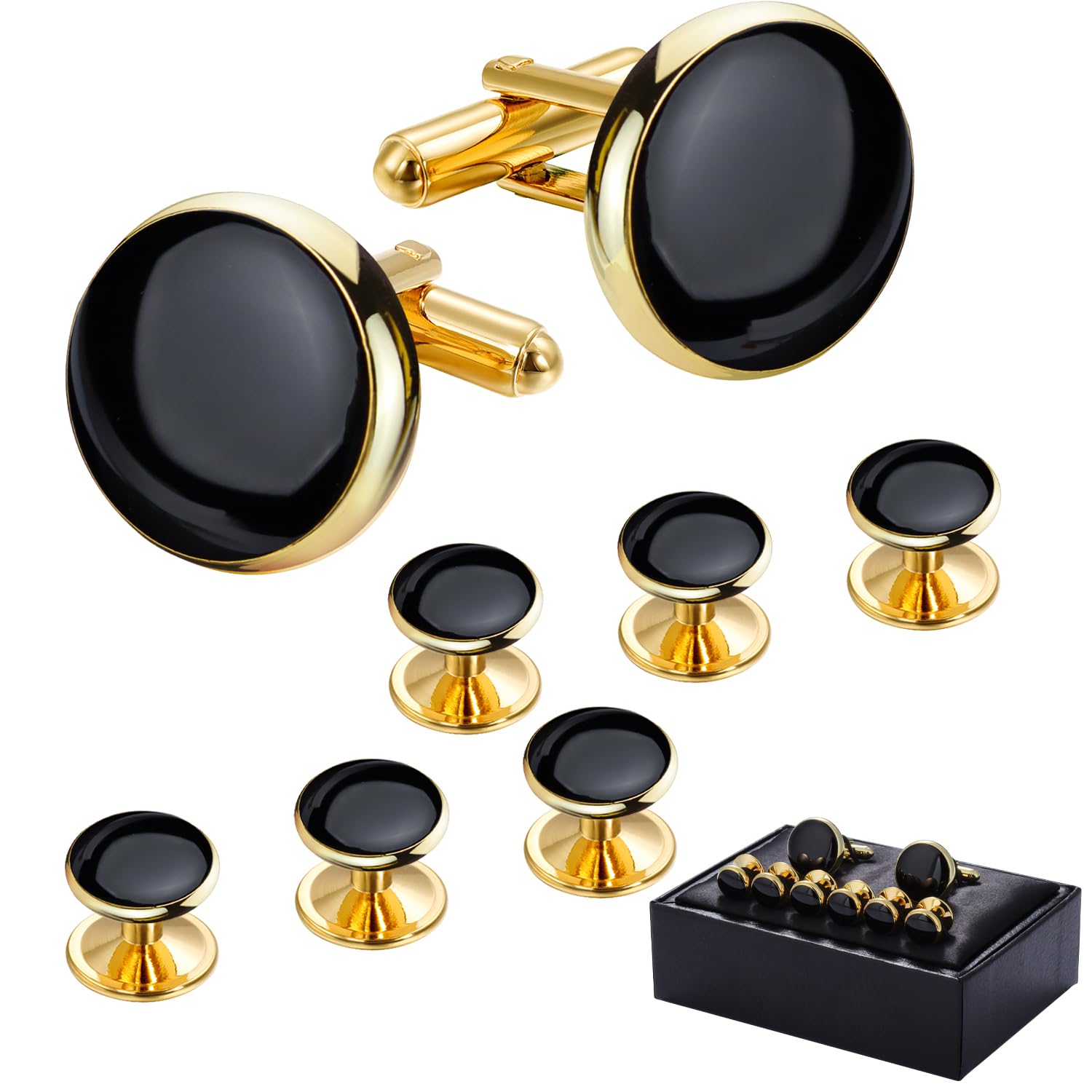 Men’s Cufflinks and Tuxedo Studs Set with Gift Box; Men’s Jewelry or Accessories Suitable for Black Suit White Shirts Vest and Red Bow tie on Wedding or Anniversary and Birthday