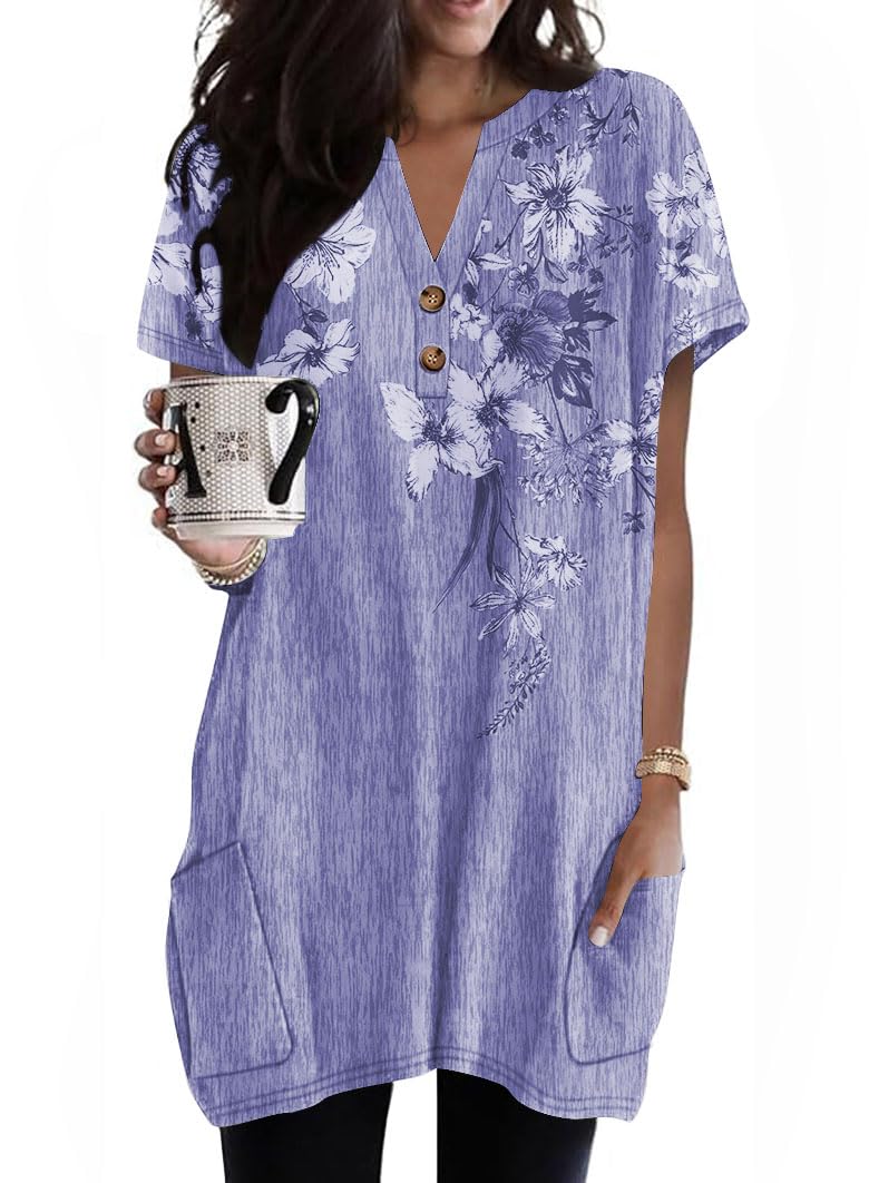 Naggoo Summer Womens Tunic Tops for Leggings with Pockets Button V Neck Short Sleeve Casual Long T Shirts S-3XL