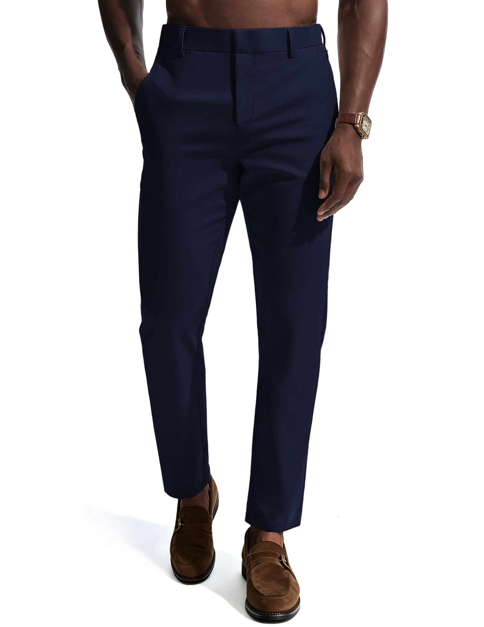 Mens Dress Pants 4-Way Stretch Tapered Trousers Extended Waist Dress Pant Casual Golf Pants