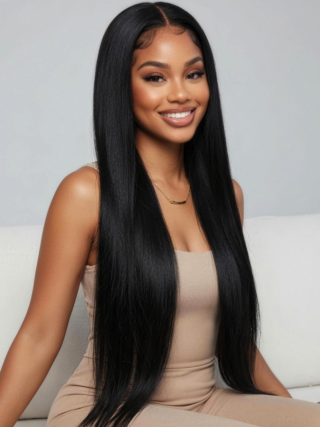 Golden Brown Highlight Glueless Yaki Straight Precut 7x5 Lace Front Wigs Human Hair Drawstring Ombre Pre Plucked Bleached Knots 30S Ready to Wear and Go Wig with Dark Roots 16Inch