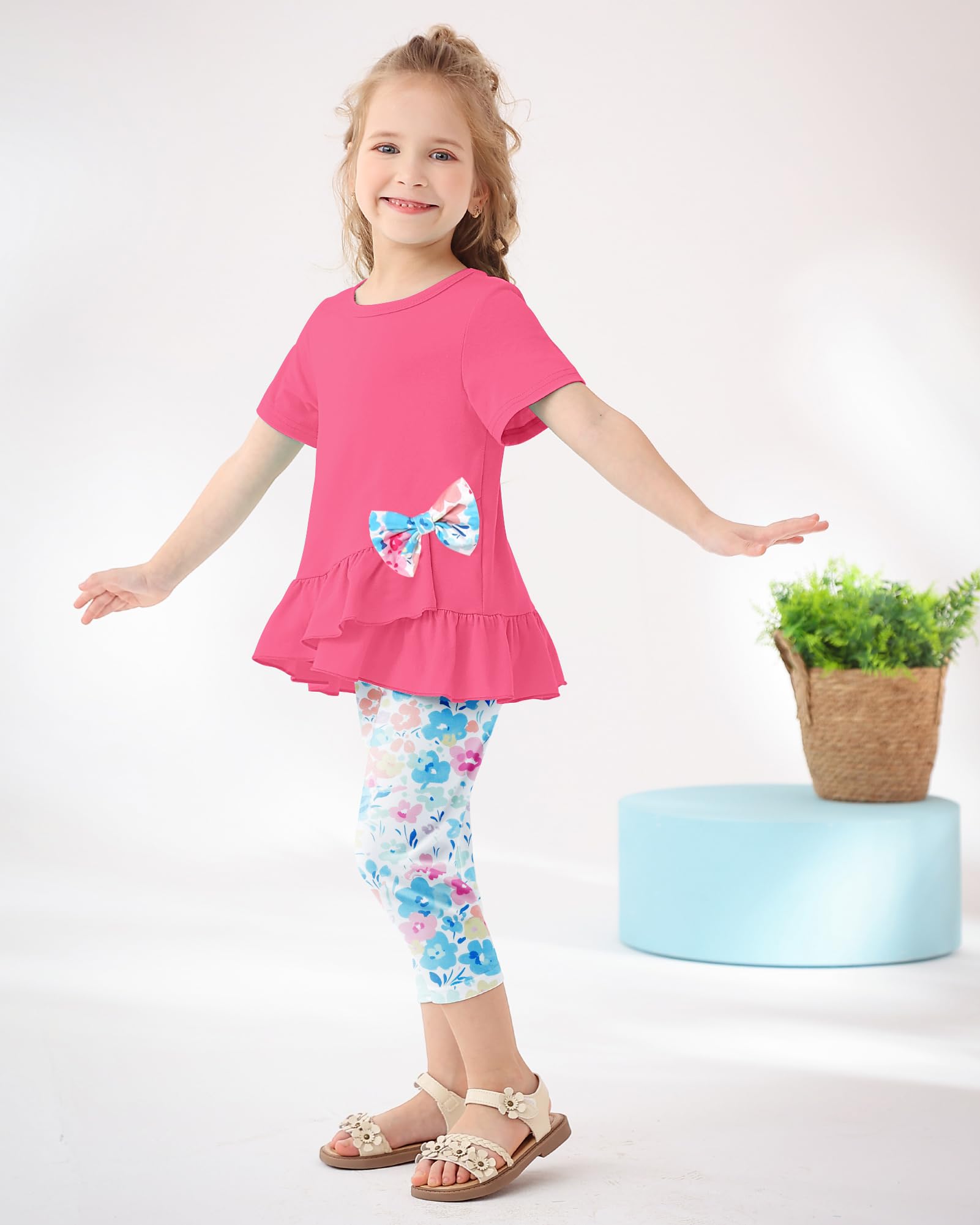 Toddler Girl Clothes 2-8Years Girls Outfit, Short Sleeve Ruffle Bowknot Top+Floral Capri Pants 2Pcs Spring Summer Set
