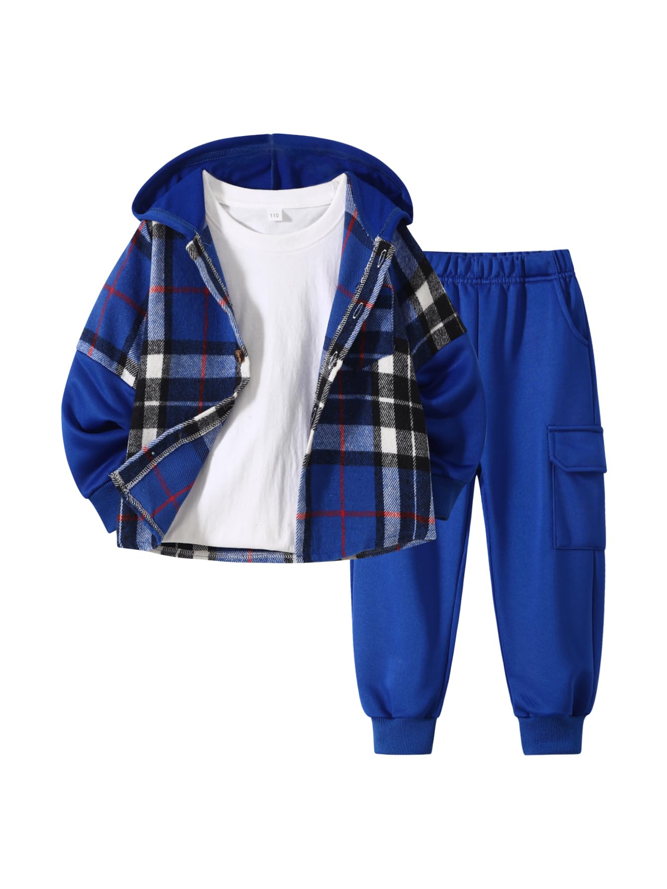 2Pcs Kids Boys Flannel Plaid Shirt Tops Pants Set Hoodie Sweatsuit for Fall Winter Spring Outfits 4-12 Years