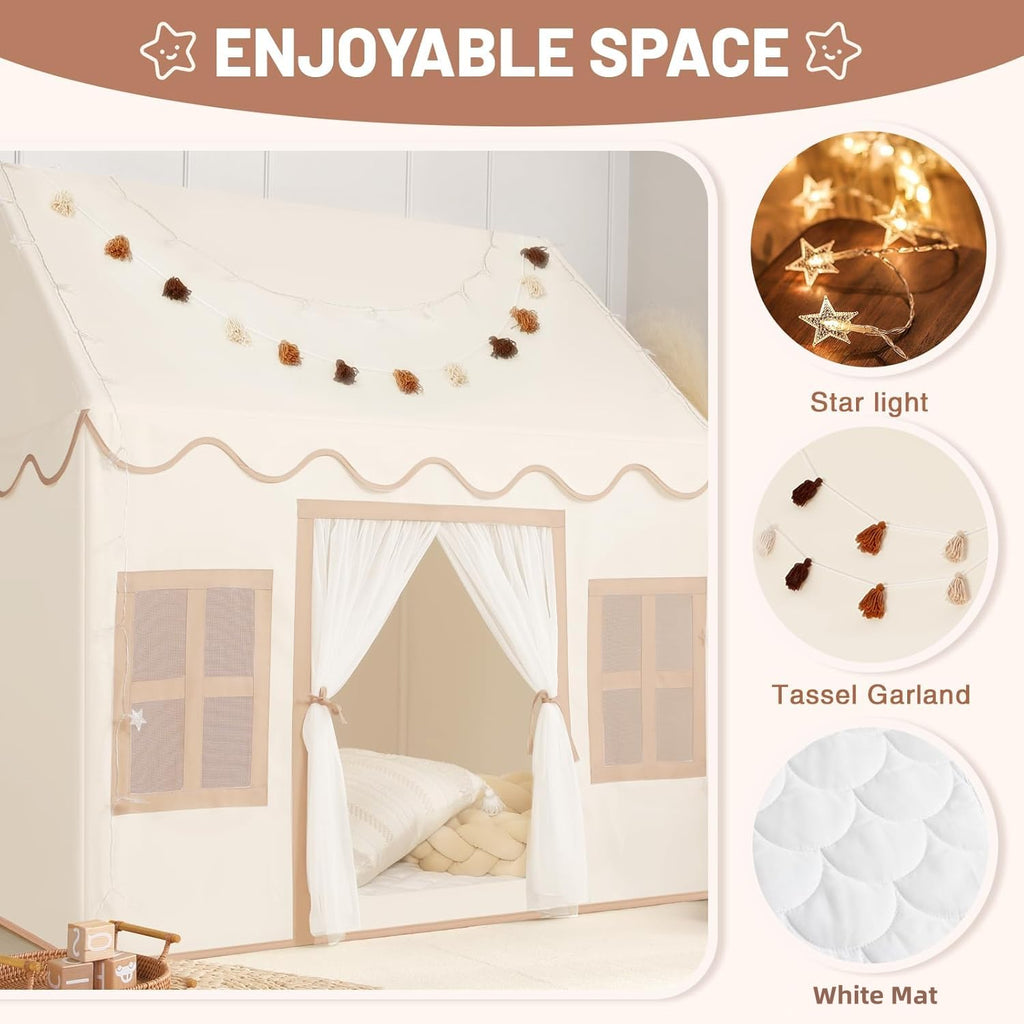Kids Play Tent Indoor: with Mat, Tassel Garland, Star Lights - Girl Tent Indoor Playhouse for Kids Toys for Boy Girl Birthday Gift