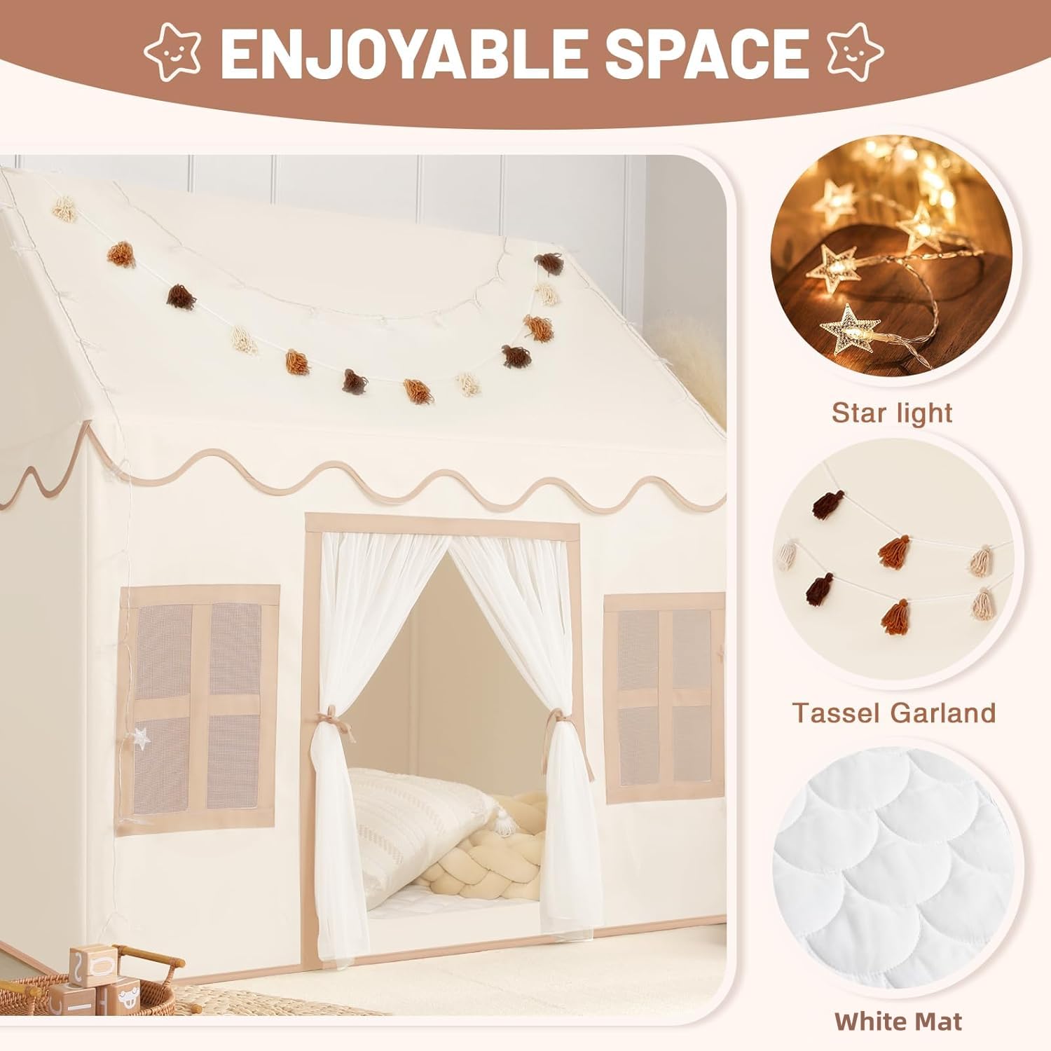 Kids Play Tent Indoor: with Mat, Tassel Garland, Star Lights - Girl Tent Indoor Playhouse for Kids Toys for Boy Girl Birthday Gift