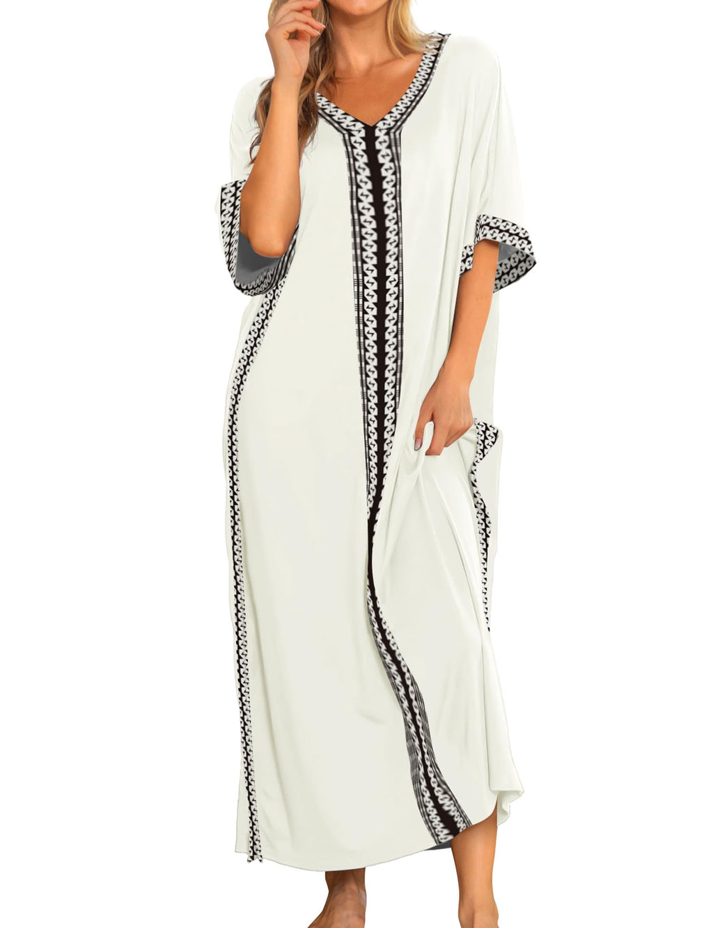 Women Nightgowns Cotton Caftan House Dress Short Sleeve Sleepwear Vacation Beach Moo Moos Dress with Pockets