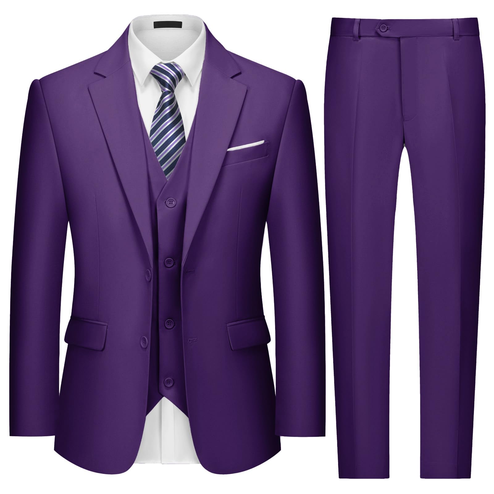 Mens Two Button 3-Piece Suits Slim Fit Tuxedo Set with Blazer Jacket Vest & Pants for Wedding Prom Business