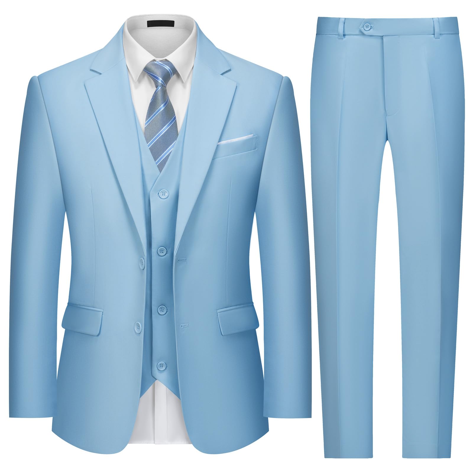 Mens Two Button 3-Piece Suits Slim Fit Tuxedo Set with Blazer Jacket Vest & Pants for Wedding Prom Business