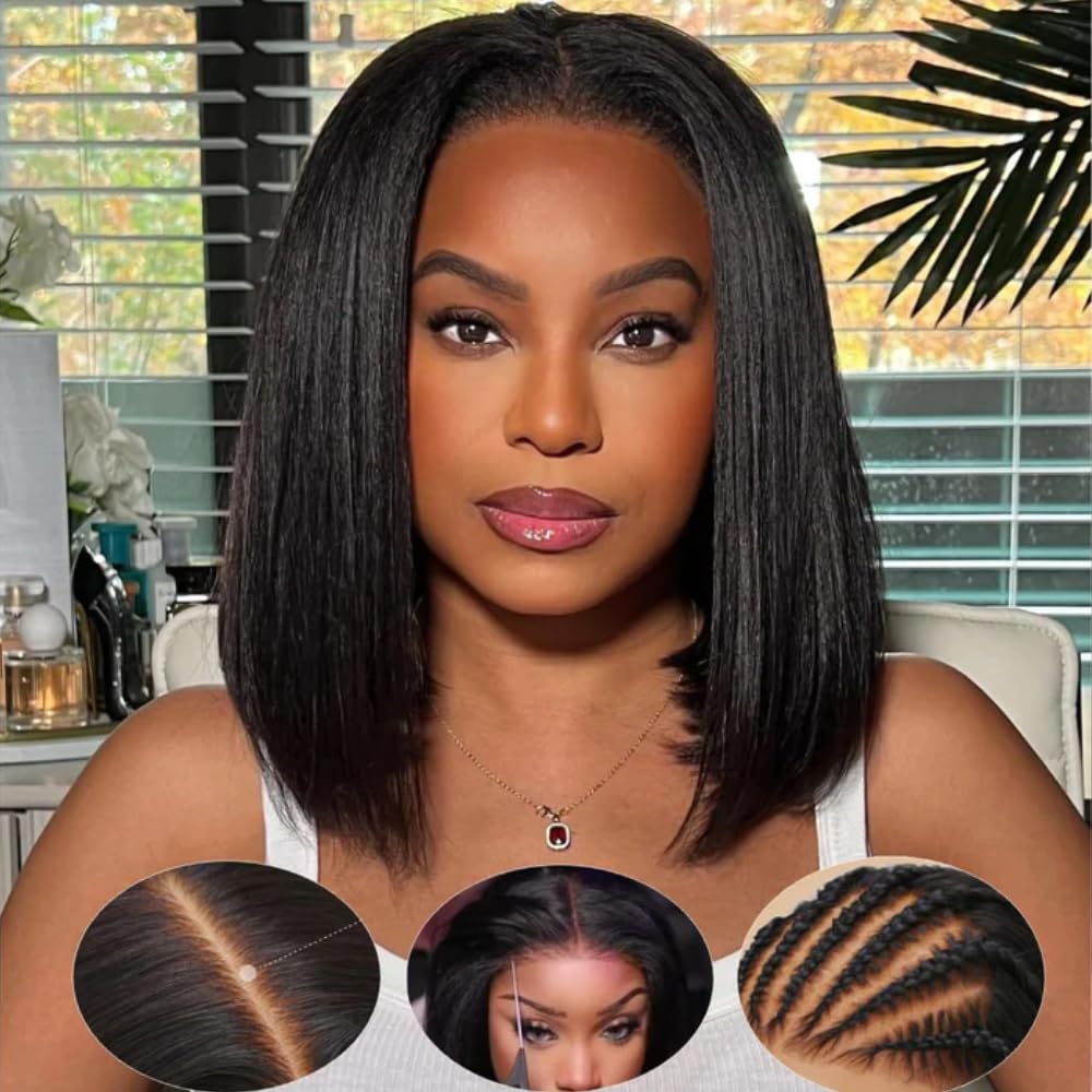 Golden Brown Highlight Glueless Yaki Straight Precut 7x5 Lace Front Wigs Human Hair Drawstring Ombre Pre Plucked Bleached Knots 30S Ready to Wear and Go Wig with Dark Roots 16Inch