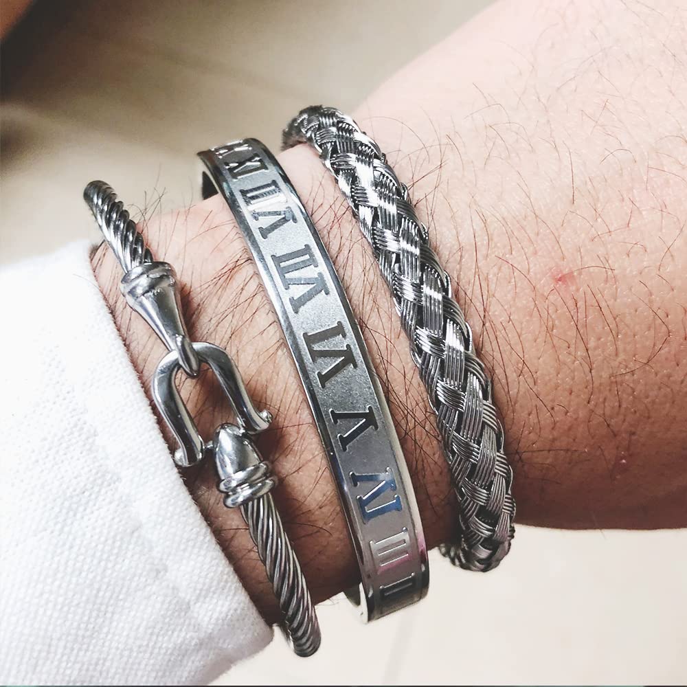 3PCS Stainless Steel Bracelets for Men Gold Roman Numeral Bangle Bracelet Twisted Cable Bracelet Adjustable Cuff Bracelet Mens Luxury Jewelry Bracelets Gifts