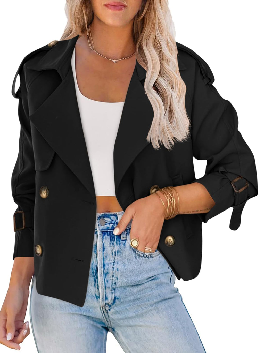 Women Crop Double Breasted Trench Coat Raglan Sleeve Work Office Cropped Jacket With Pockets