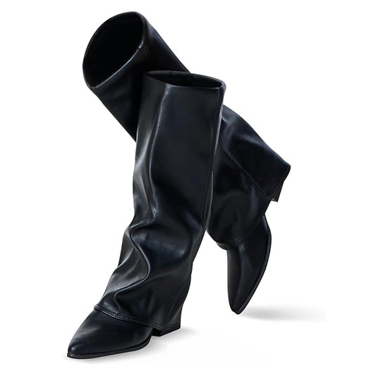 Knee High Boots Women, Fold Over Shark Boots Pointed Toe block heels Wide Calf，Minimalist Street Style Faux Leather Boots for Fall & Winter