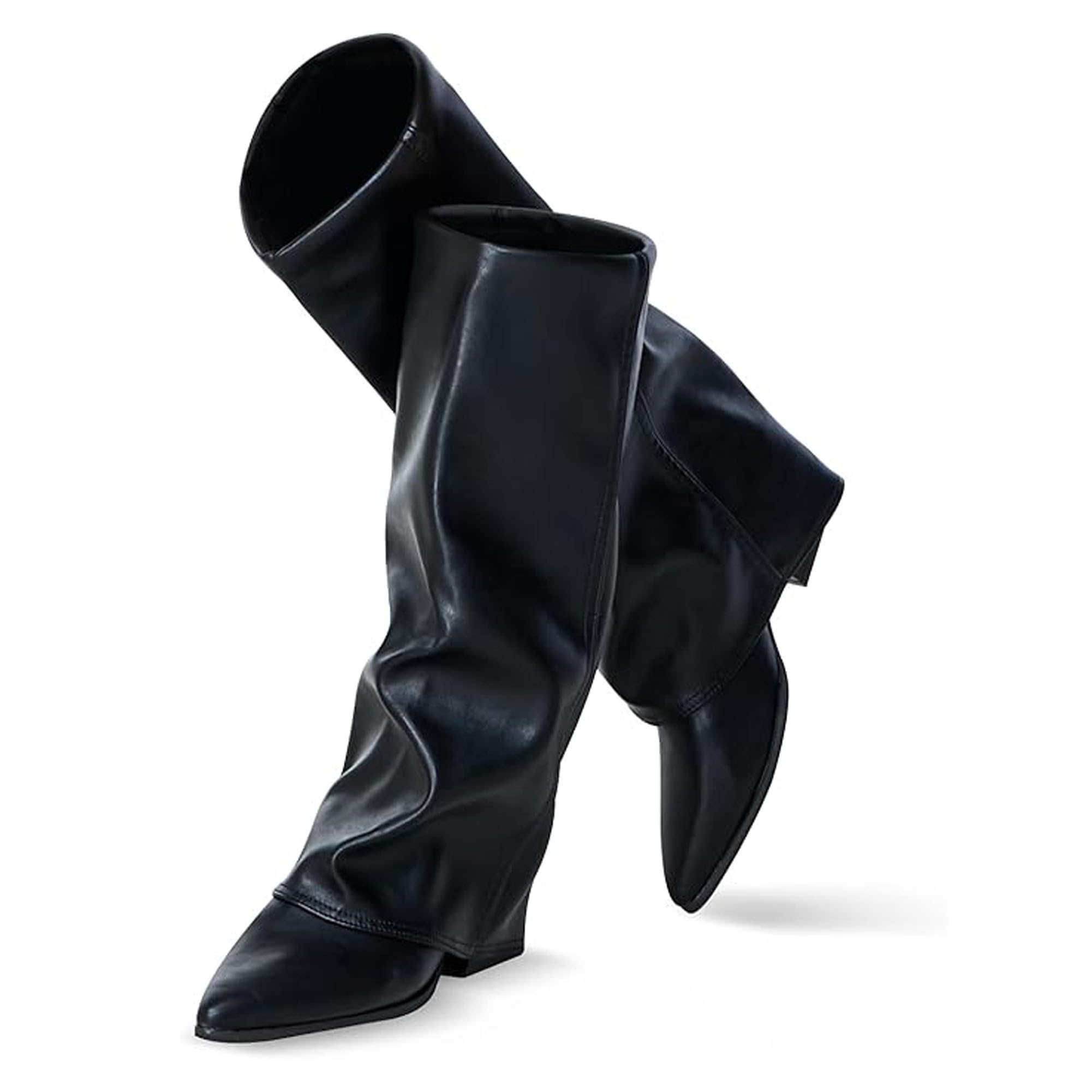 Knee High Boots Women, Fold Over Shark Boots Pointed Toe block heels Wide Calf，Minimalist Street Style Faux Leather Boots for Fall & Winter