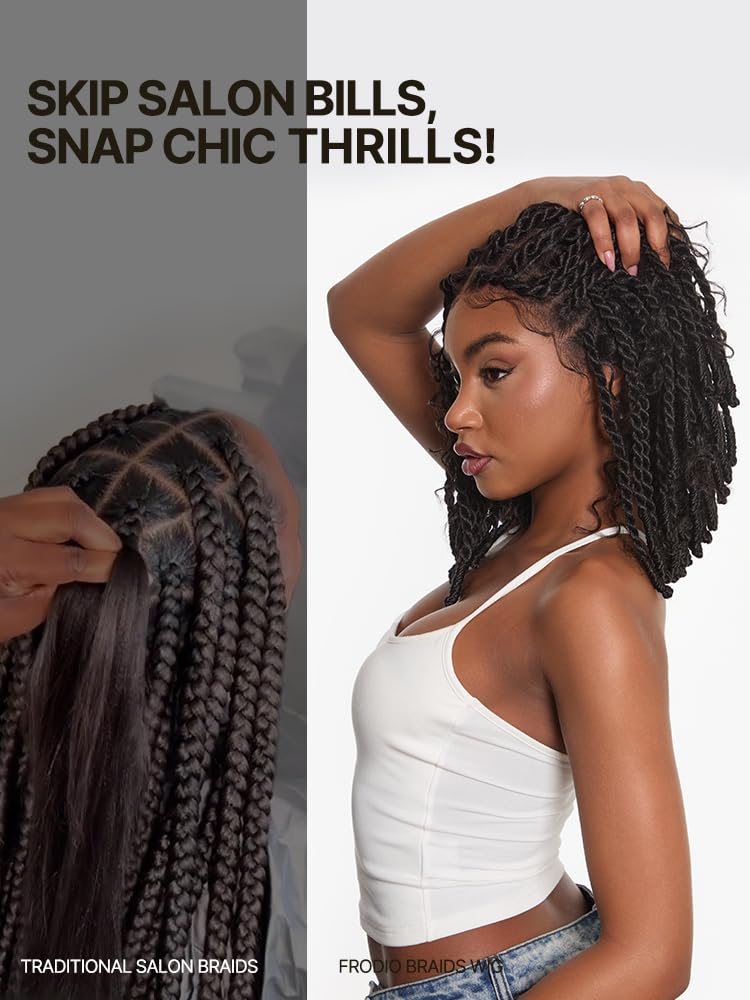 13x5 HD Lace Front Wig Boho Knot Twist Bob Wig 12 Inch Glueless Synthetic Wig Boho Locs Braided Wig for Black Women Pre-Cut Ready to Go Natural Black