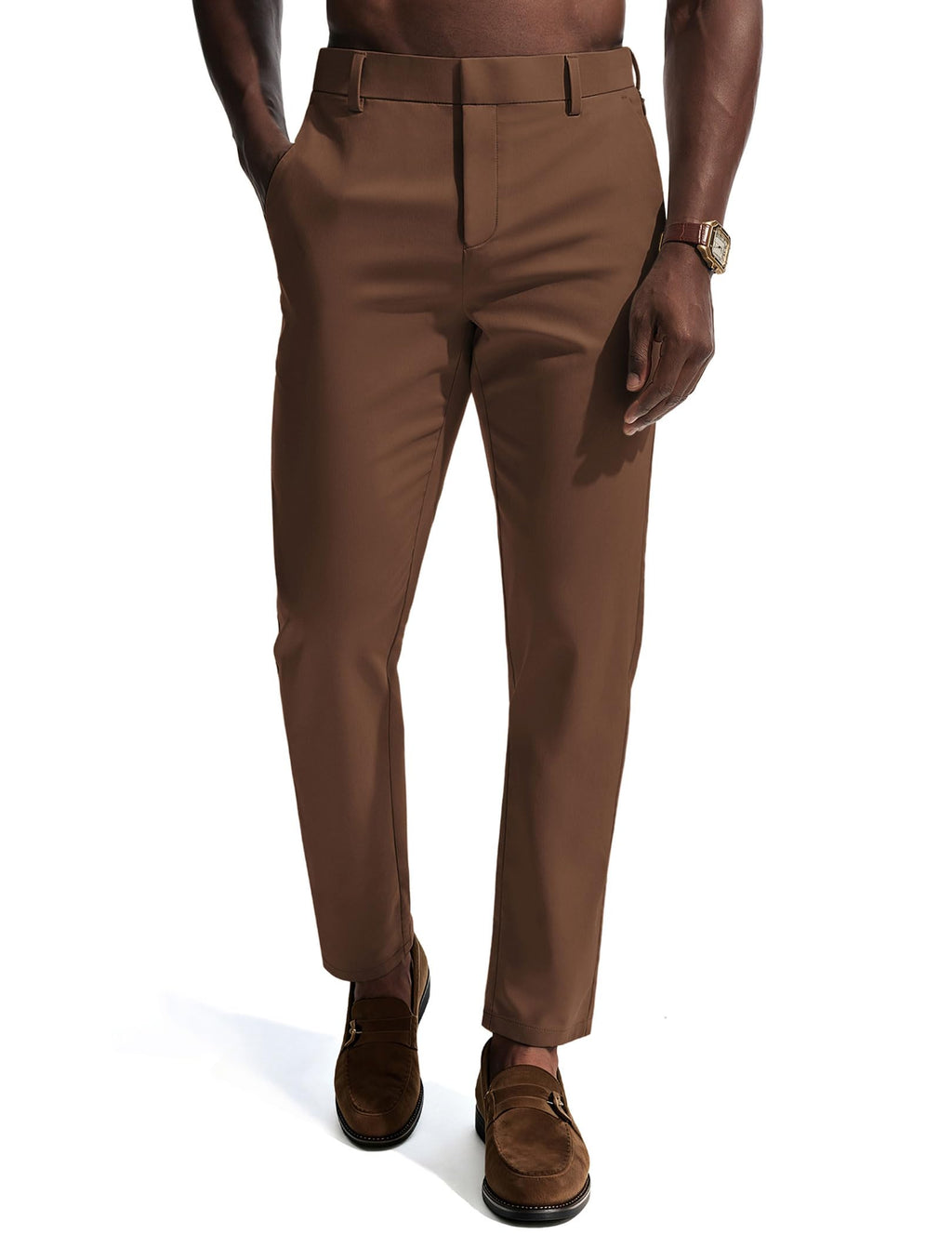 Mens Dress Pants 4-Way Stretch Tapered Trousers Extended Waist Dress Pant Casual Golf Pants