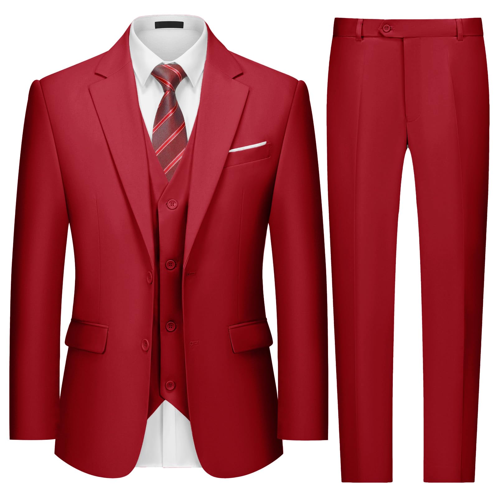 Mens Two Button 3-Piece Suits Slim Fit Tuxedo Set with Blazer Jacket Vest & Pants for Wedding Prom Business