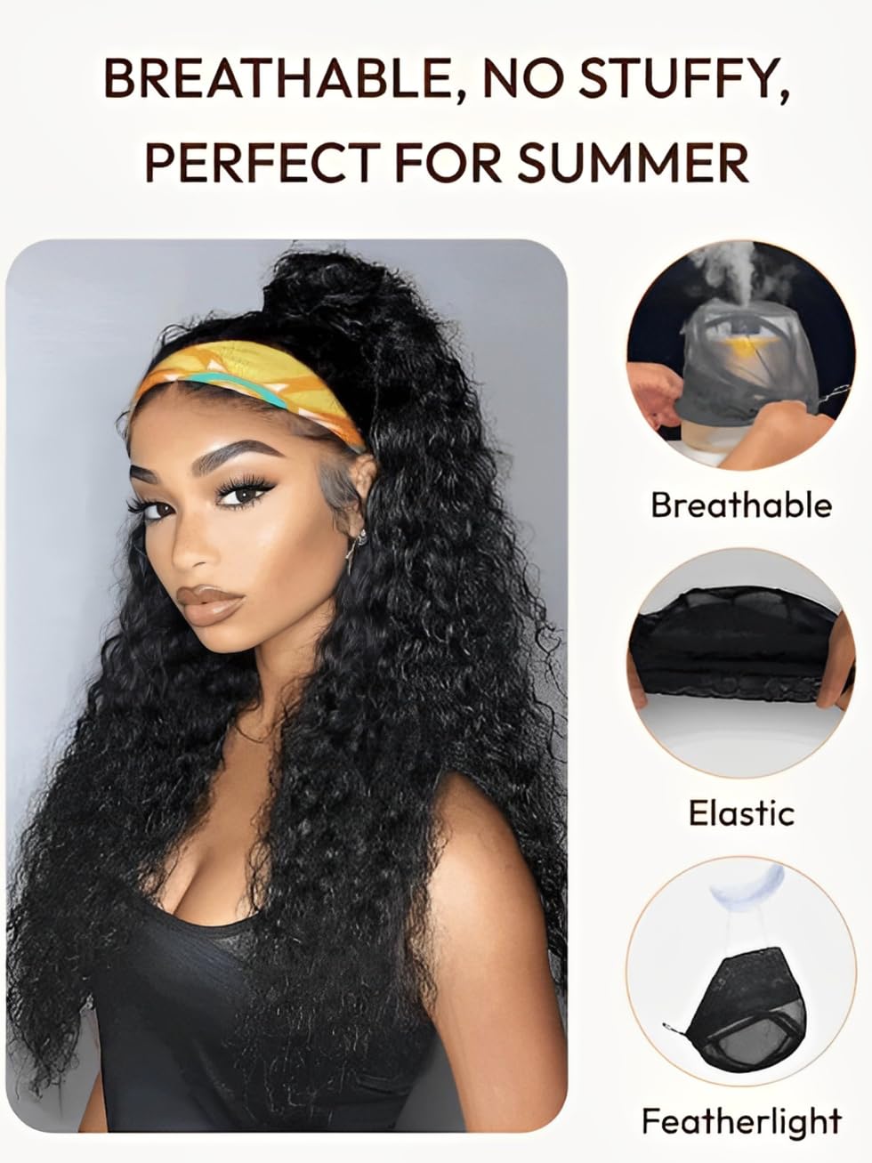 Water Wave Headband Wig Human Hair with Drawstring No-Slip Glueless Headband Half Human Hair Wig 150% Density Natural Black 26 inch