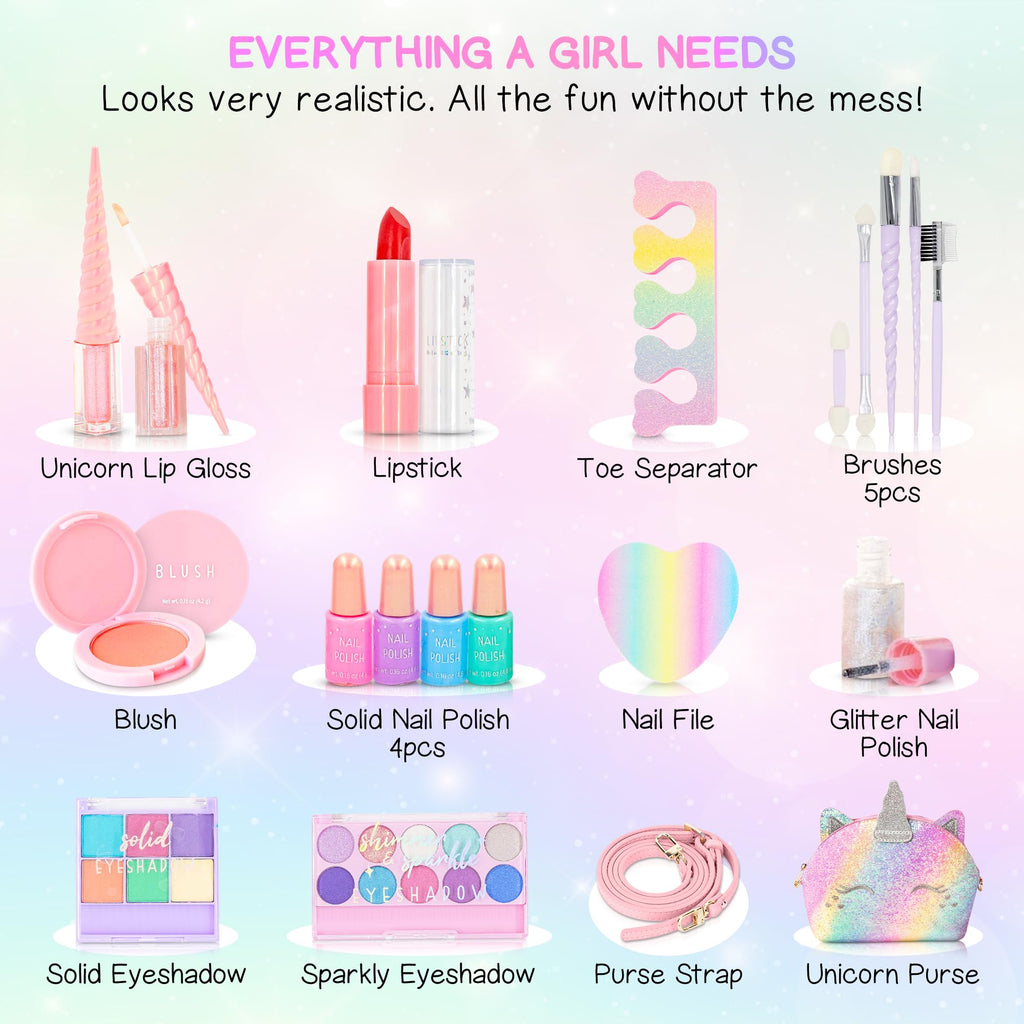 Kids Real Makeup Kit with Pink Unicorn Purse, Non Toxic Washable Make Up Set - Unicorn Toys for Girls Age 4-6, Girls Easter Basket Stuffers, Easter Gifts for Kids, Girl Gift Ages 3 4 5 6 7 8 Years Old
