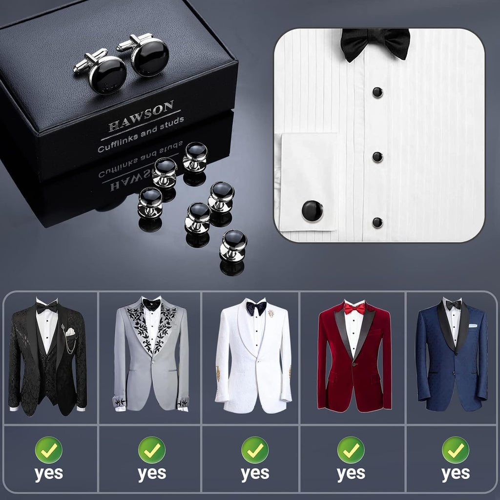 Men’s Cufflinks and Tuxedo Studs Set with Gift Box; Men’s Jewelry or Accessories Suitable for Black Suit White Shirts Vest and Red Bow tie on Wedding or Anniversary and Birthday