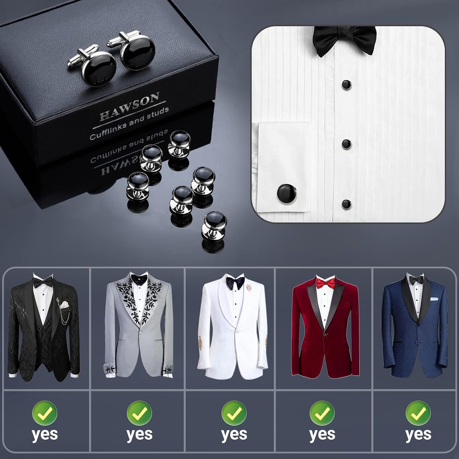 Men’s Cufflinks and Tuxedo Studs Set with Gift Box; Men’s Jewelry or Accessories Suitable for Black Suit White Shirts Vest and Red Bow tie on Wedding or Anniversary and Birthday