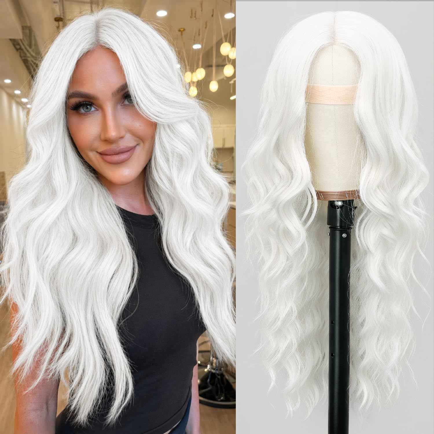 Long Brown Mixed Blonde Wavy Wig 4x1 Lace Natural Hairline Middle Part Curly Heat-Resistant Synthetic Fiber for Women & Beginners Daily Party Use 26In