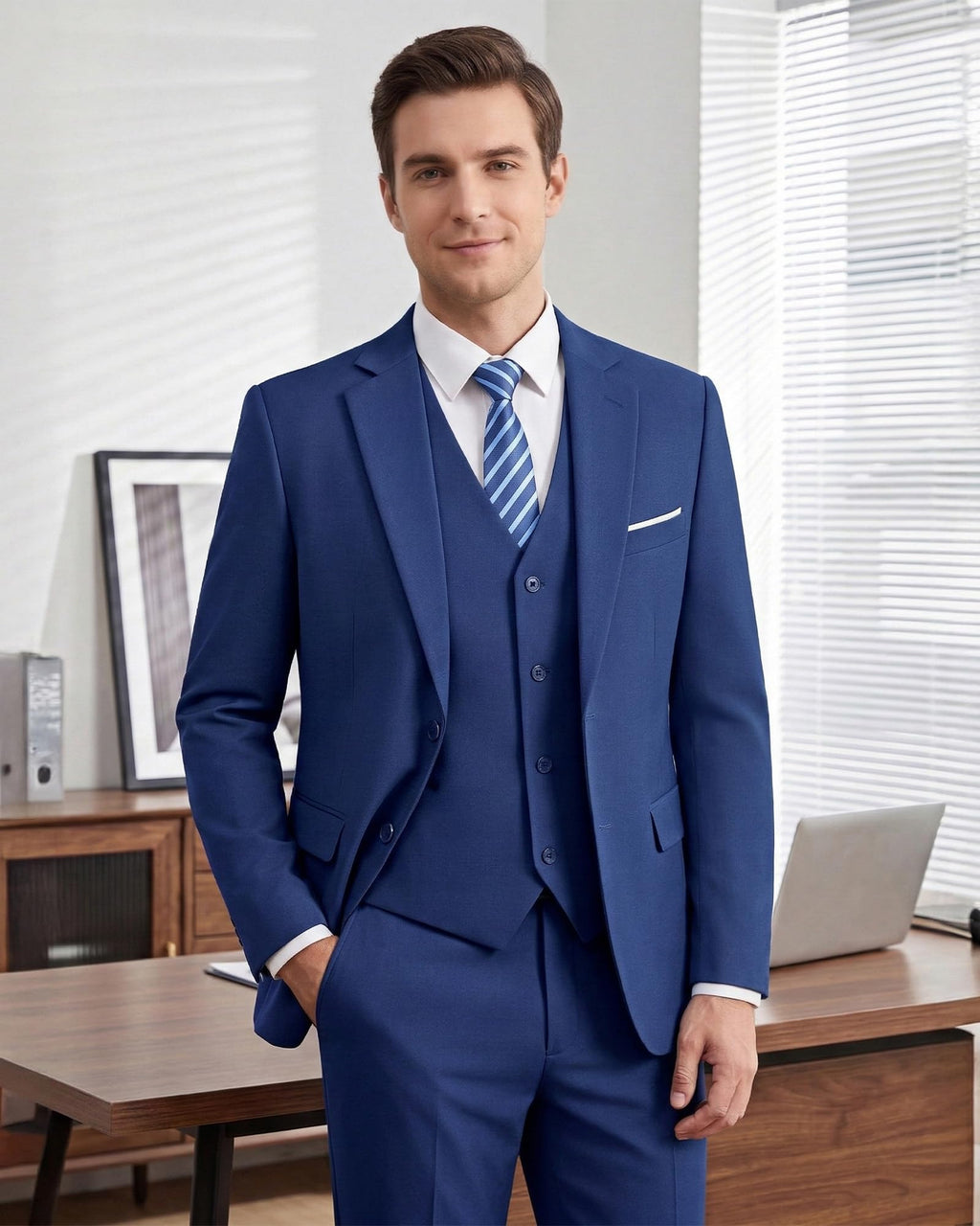 Men's Slim Fit 3 Piece Suits Two Button Blazer Vest & Pants Tuxedo Set for Business Wedding Party