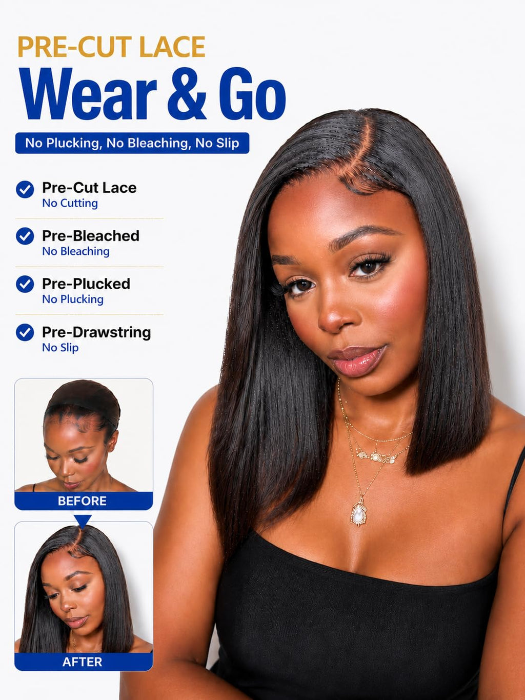 No Slip Yaki Straight Bob Drawstring Wig Human Hair with Flexible Mesh Cap,Glueless Upgrade 7x5 Bye Bye Knots Wig Pre Cut/Plucked/Bleached Ready to Go Short Yaki Bob Wig 180% Density 10inch