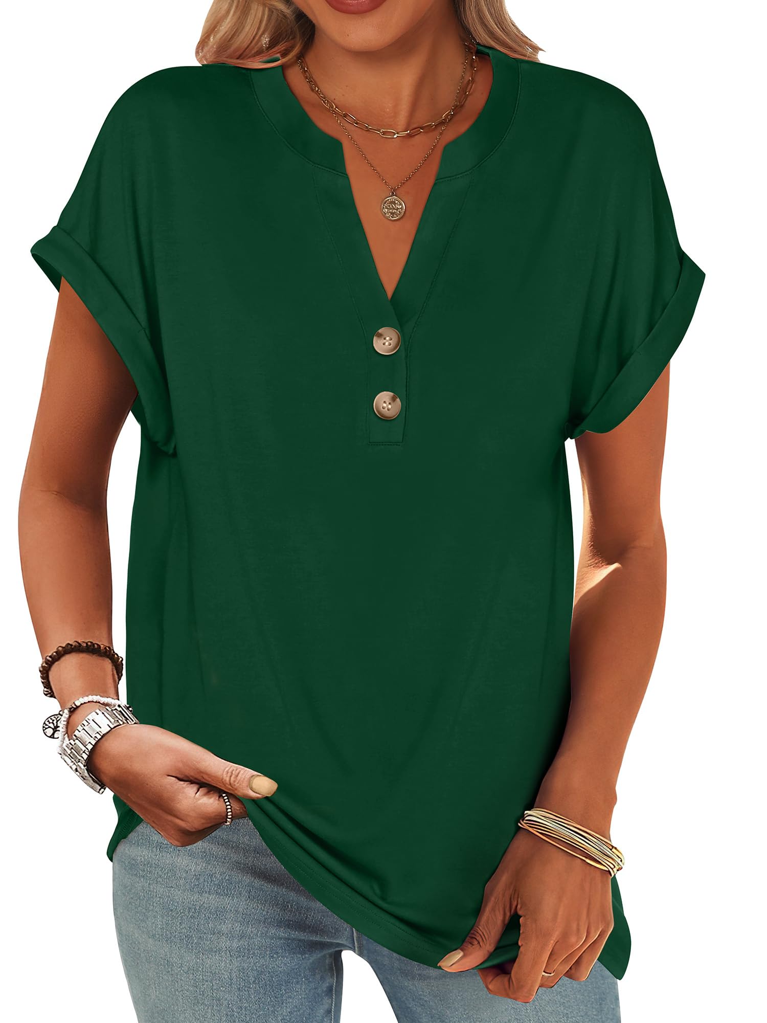 ANRABESS Womens Short Sleeve Henley Tops V Neck Dressy Casual Blouses Summer Trendy Tee Shirts 2026 Vacation Fashion Clothes