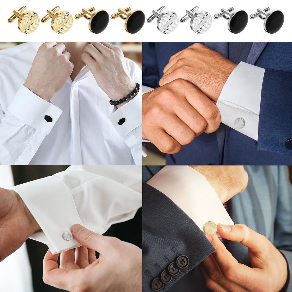 4 Pairs Cufflinks for Men Classic Tone Cuff Links Fashion Men Cufflinks Gold/Sliver Striped Disc Square Rectangle Cuff Links for Business Wedding Party Gift Box