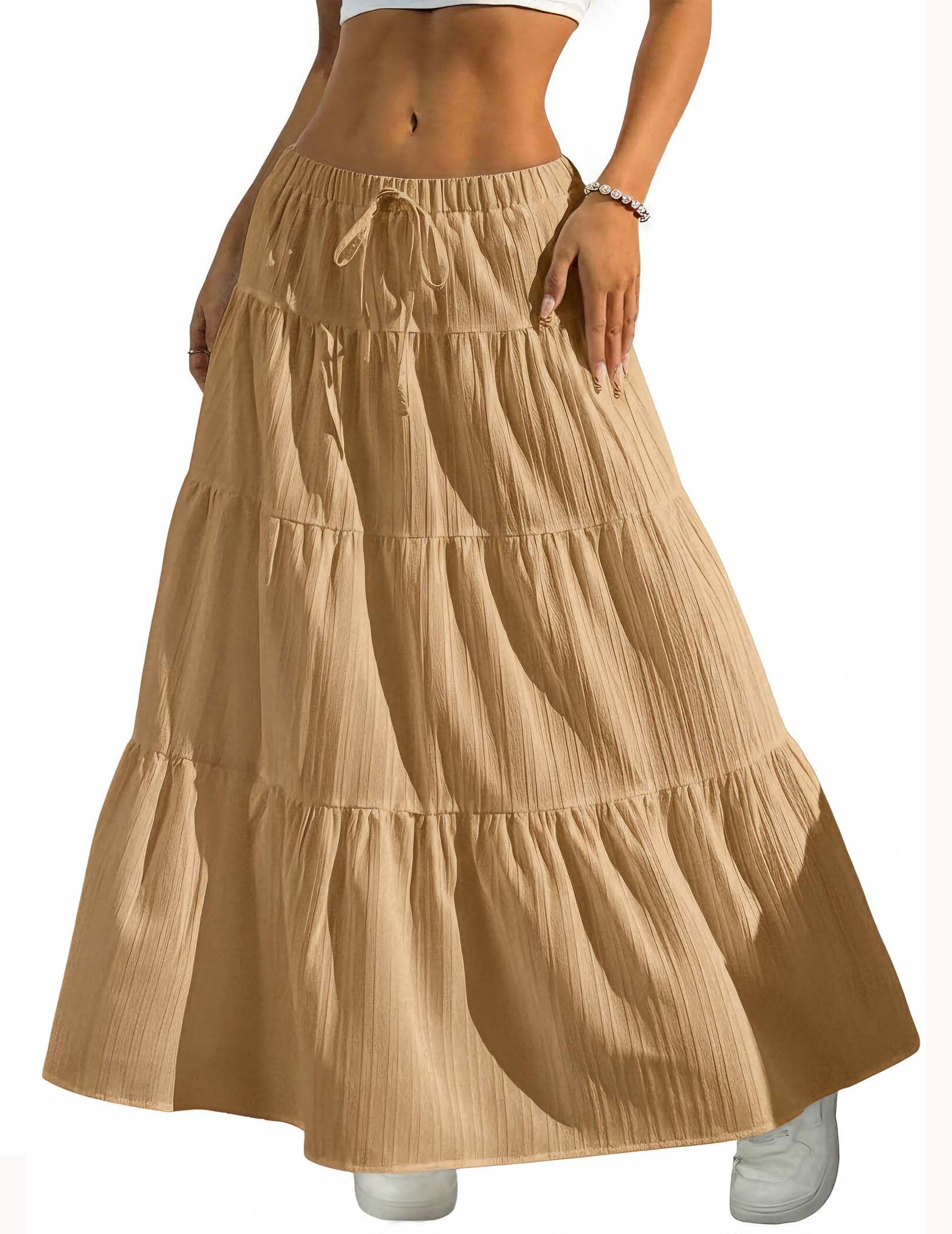 Women's Boho Flowy White Maxi Skirt Flared Ruffle Elastic Waist Summer A Line 2026 Spring Long Skirts