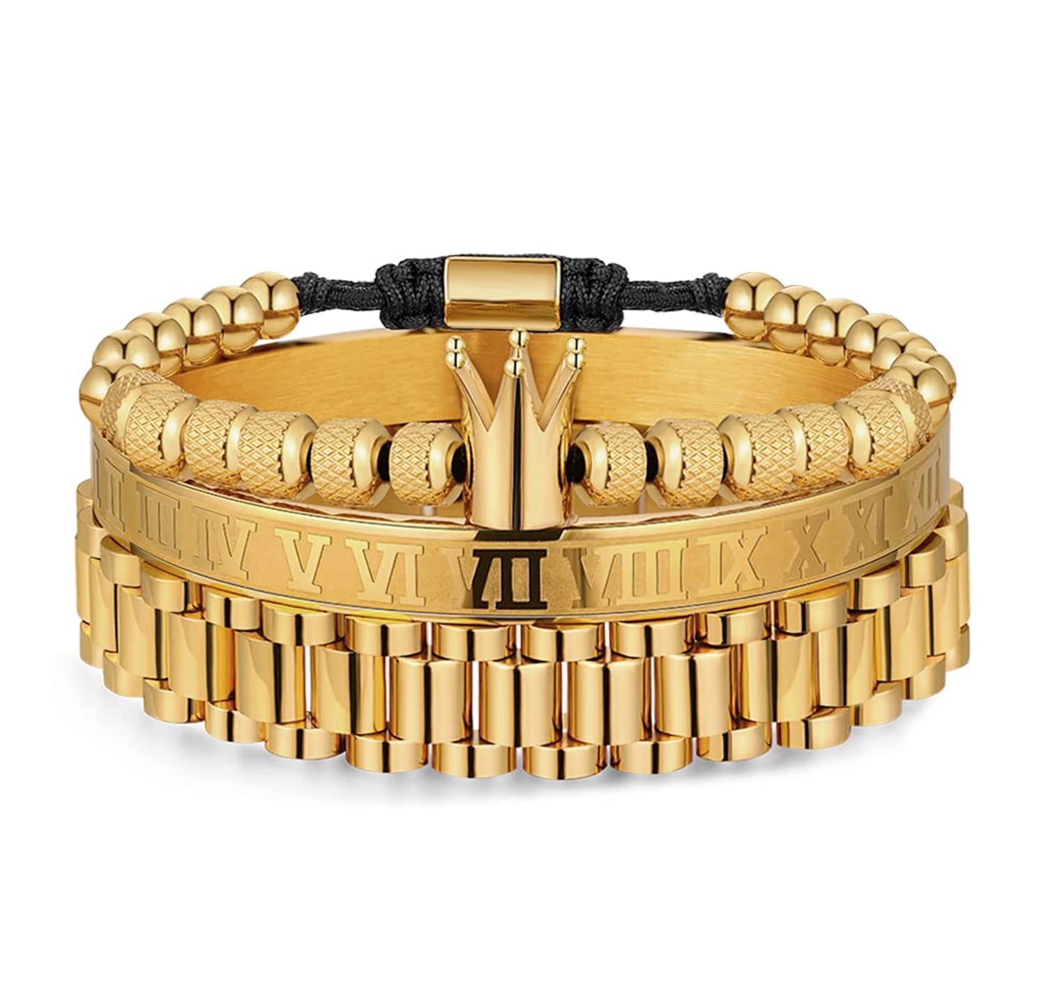 3PCS Stainless Steel Bracelets for Men Gold Roman Numeral Bangle Bracelet Twisted Cable Bracelet Adjustable Cuff Bracelet Mens Luxury Jewelry Bracelets Gifts