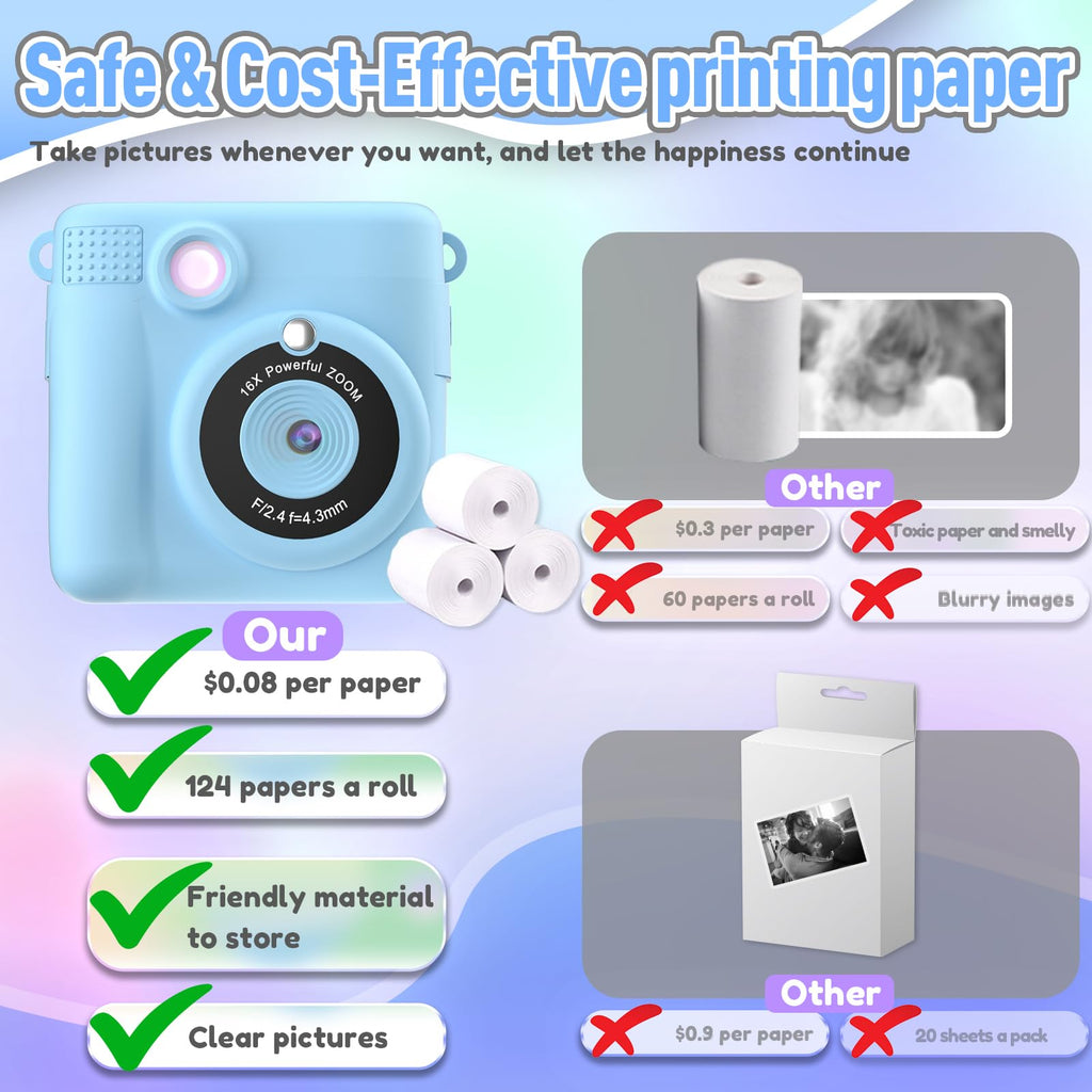ESOXOFFORE Instant Print Camera for Kids, Christmas Birthday Gifts for Girls Boys Age 3-12,Kids Digital Cameras for Toddler, Portable Toy for 3 4 5 6 7 8 9 10 Year Old Girl with 32GB SD Card-Purple