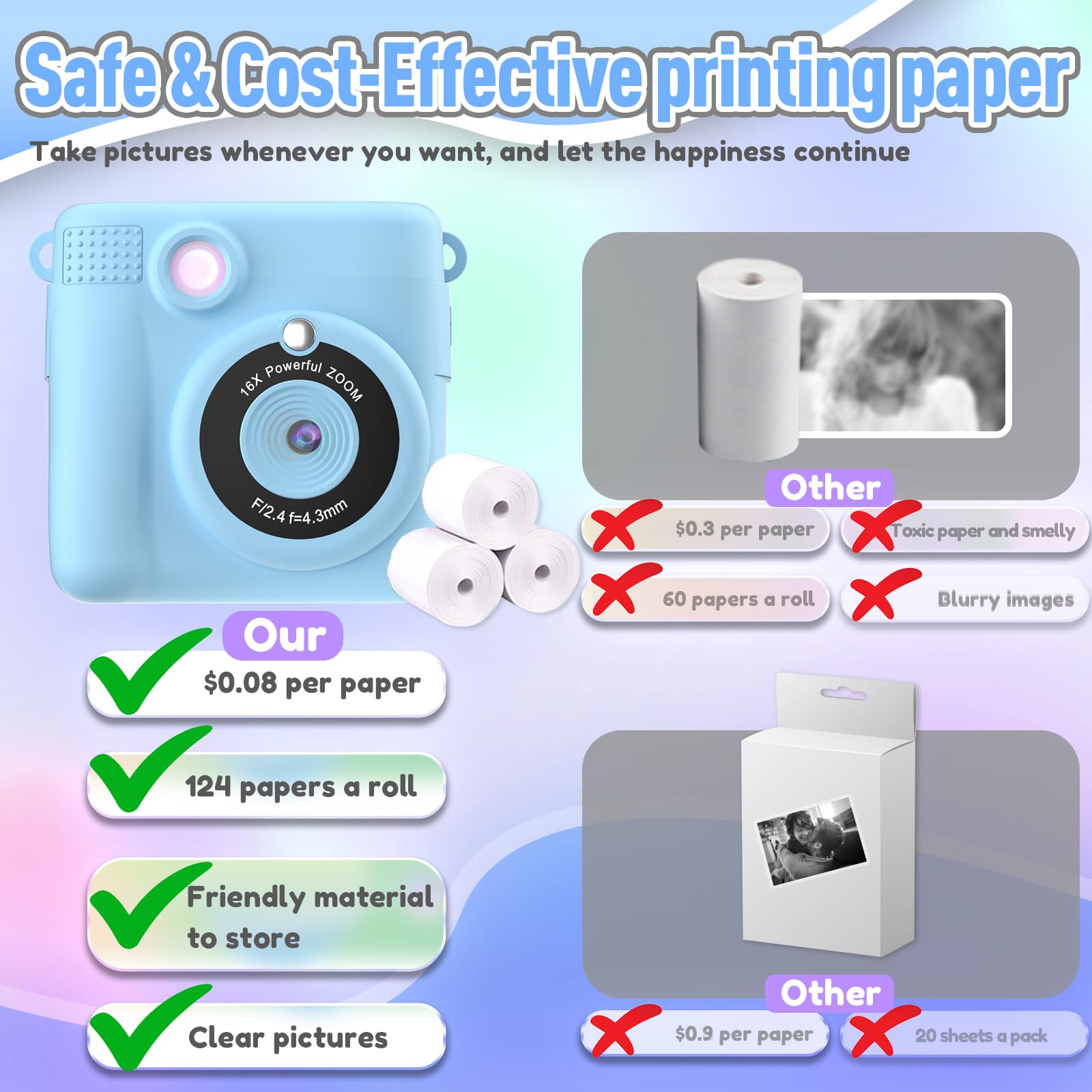 ESOXOFFORE Instant Print Camera for Kids, Christmas Birthday Gifts for Girls Boys Age 3-12,Kids Digital Cameras for Toddler, Portable Toy for 3 4 5 6 7 8 9 10 Year Old Girl with 32GB SD Card-Purple