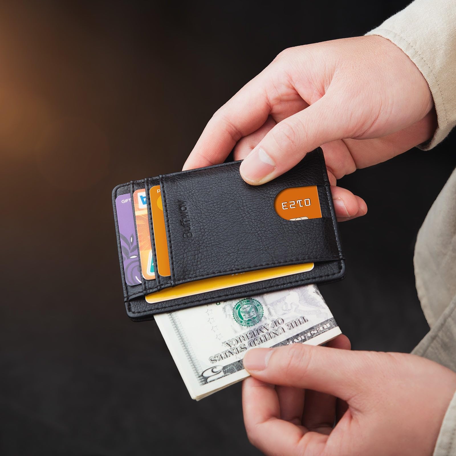 Slim Minimalist Front Pocket RFID Blocking Leather Wallets for Men and Women - Carbon Fiber Black
