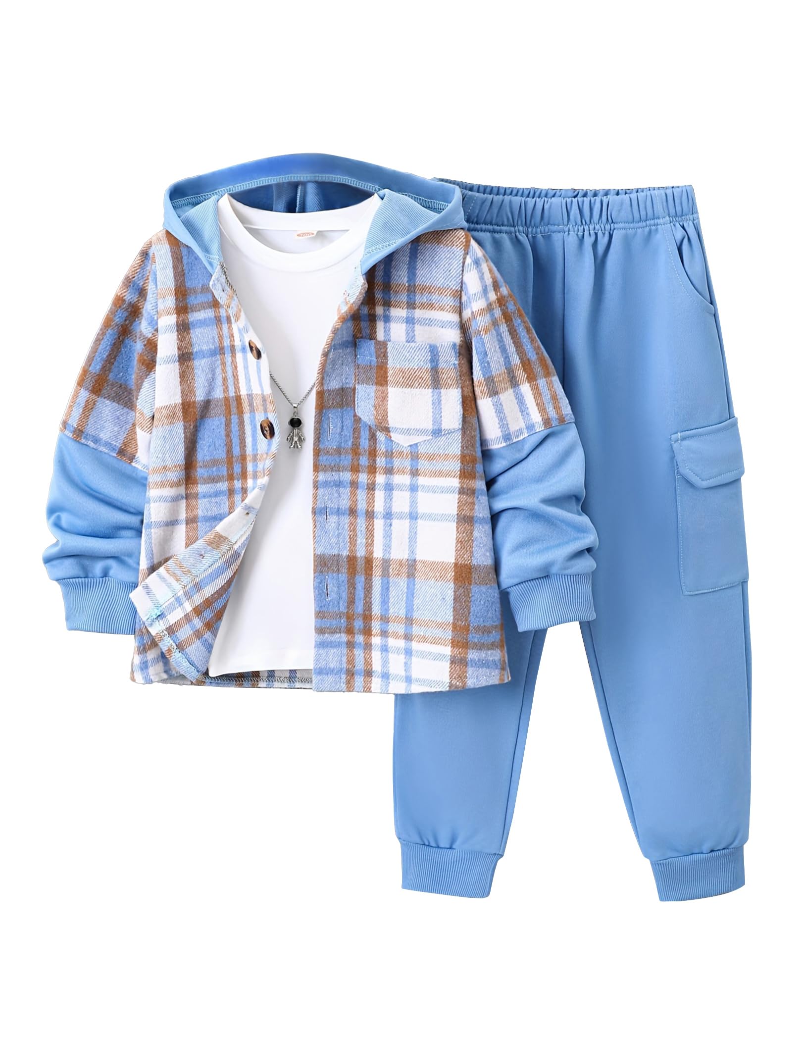 2Pcs Kids Boys Flannel Plaid Shirt Tops Pants Set Hoodie Sweatsuit for Fall Winter Spring Outfits 4-12 Years