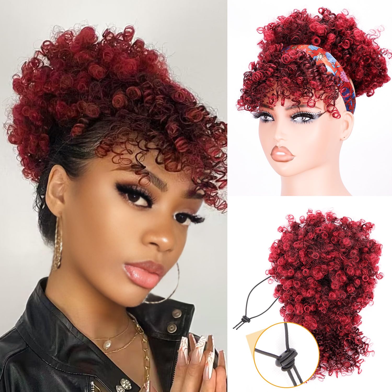 Drawstring Ponytail for Black Women, Afro Puff Kinky Curly Hair Ponytail Extension with Bangs Black Updo Natural Hair Ponytail (1B Natural Black)