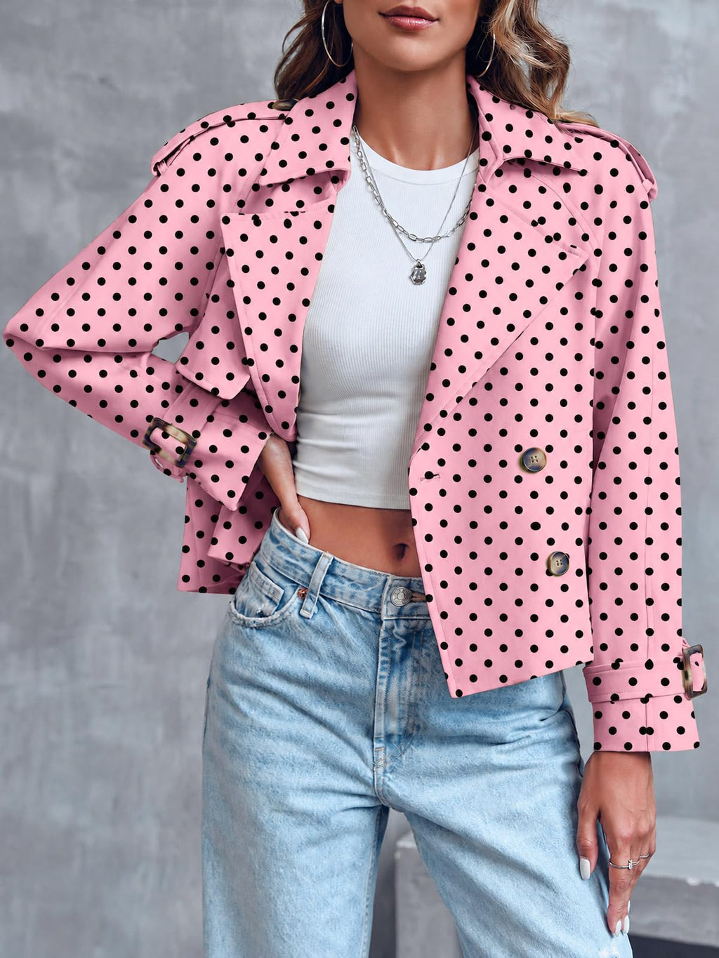 Women Crop Double Breasted Trench Coat Raglan Sleeve Work Office Cropped Jacket With Pockets