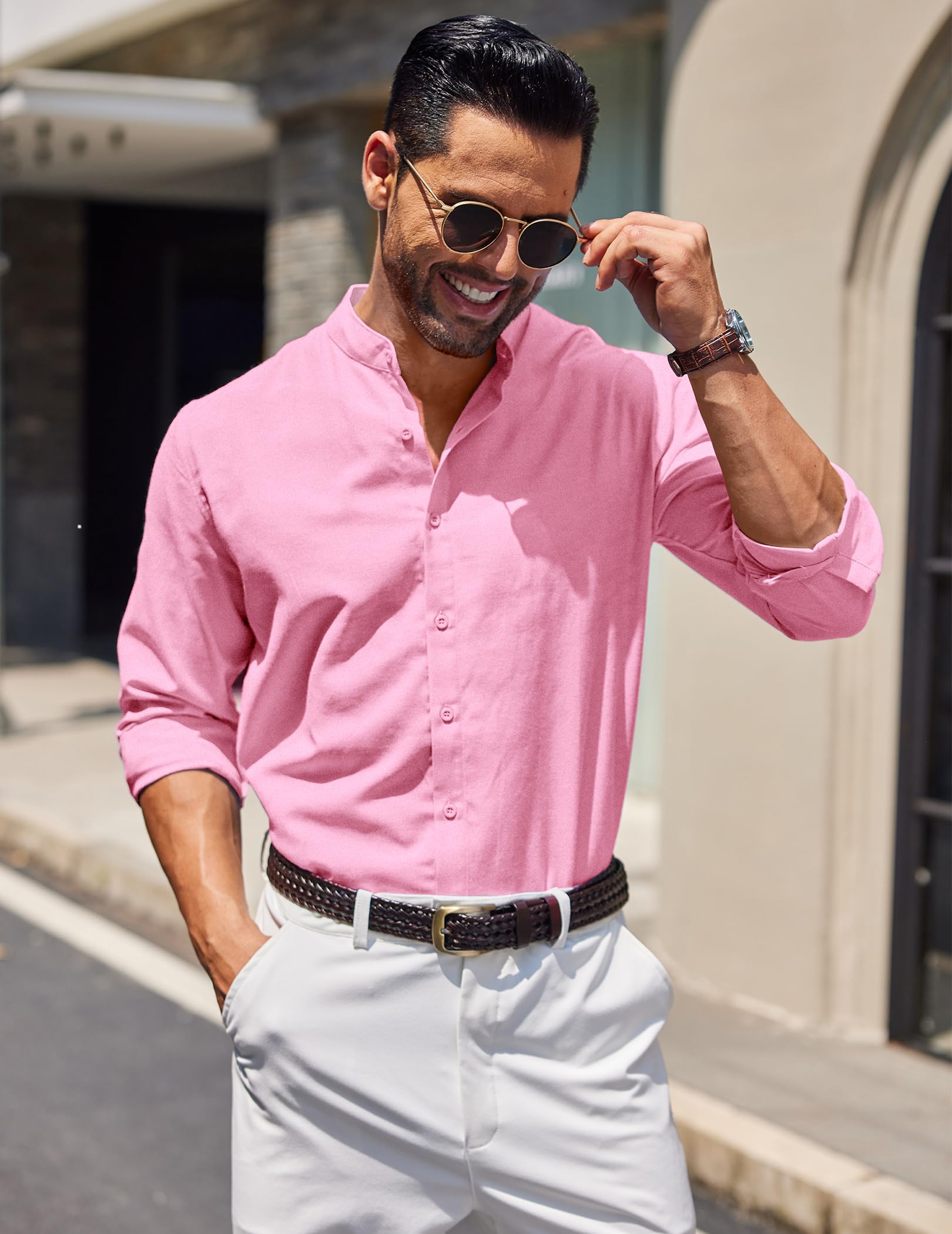 Men's Long Sleeve Oxford Dress Shirts Button Down Shirt Casual Band Collar Shirts