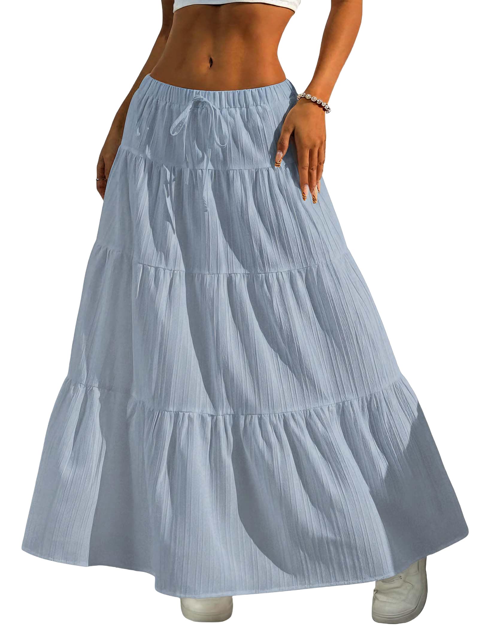 Women's Boho Flowy White Maxi Skirt Flared Ruffle Elastic Waist Summer A Line 2026 Spring Long Skirts