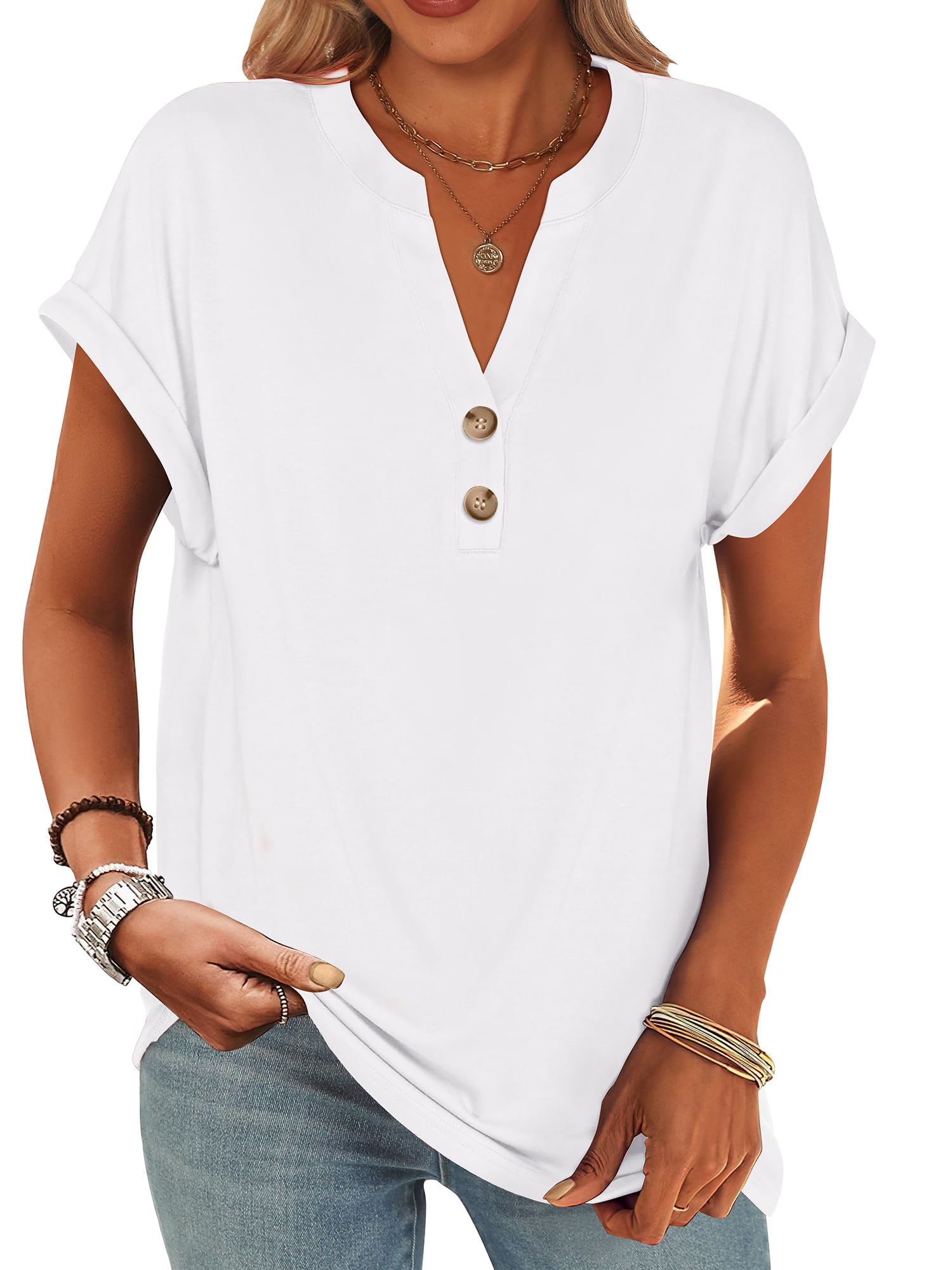 ANRABESS Womens Short Sleeve Henley Tops V Neck Dressy Casual Blouses Summer Trendy Tee Shirts 2026 Vacation Fashion Clothes