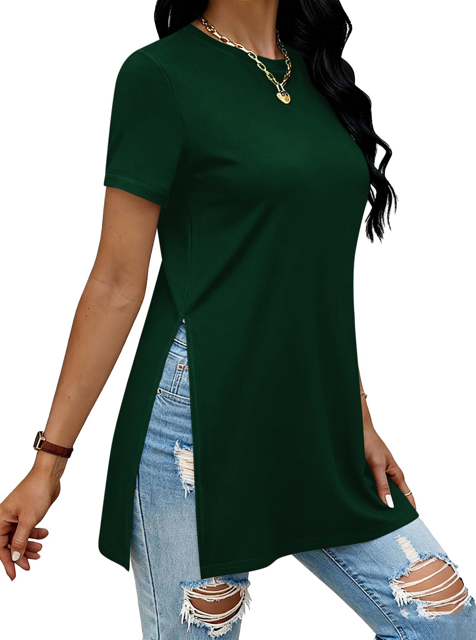 Remidoo Side Slit Tees for Women Tunic Tops Crewneck Long T Shirt Loose Fit Short Sleeve Tee