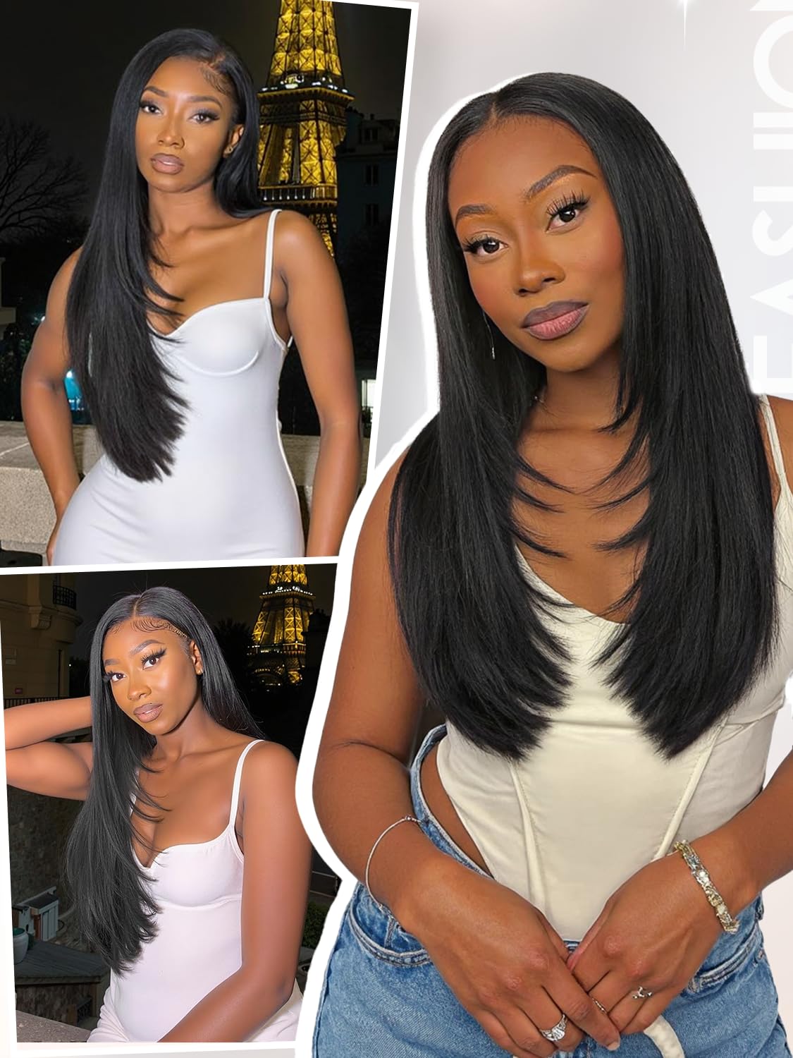 Yaki Straight Layered U Part Wigs V Part Glueless Clip in Half Wigs for Women Realistic Natural Looking Heat Resistant Synthetic Hair(24inch,Natural Black)