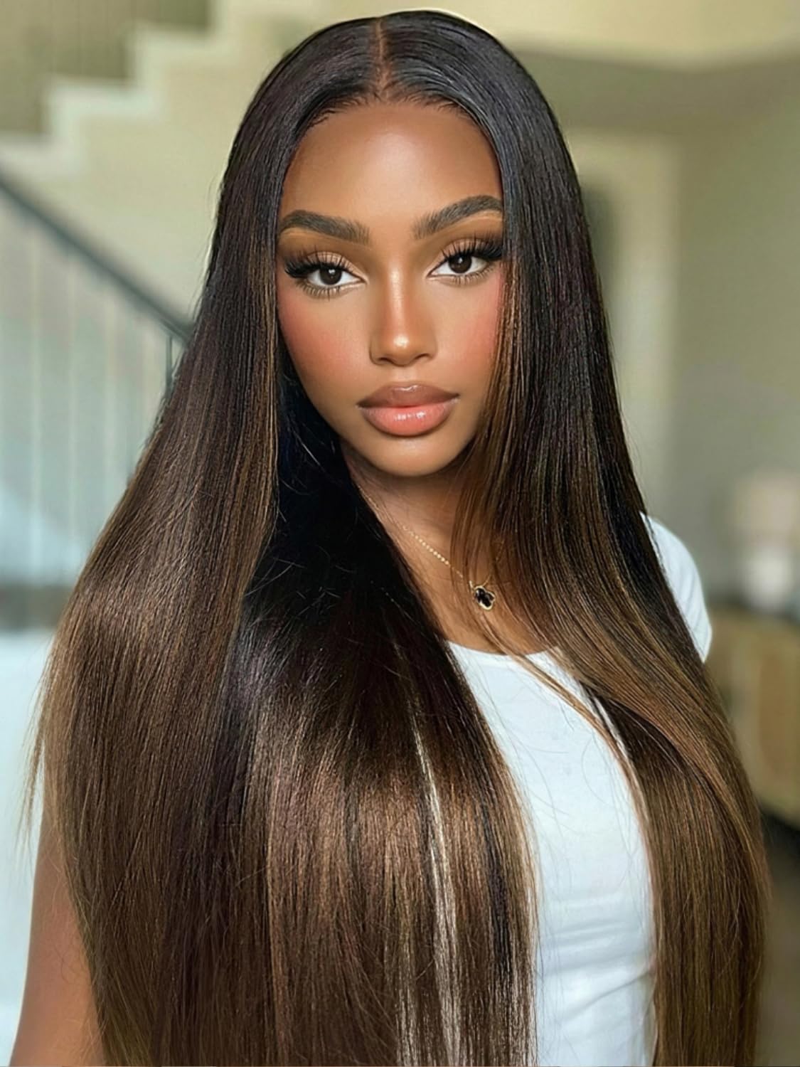 Golden Brown Highlight Glueless Yaki Straight Precut 7x5 Lace Front Wigs Human Hair Drawstring Ombre Pre Plucked Bleached Knots 30S Ready to Wear and Go Wig with Dark Roots 16Inch