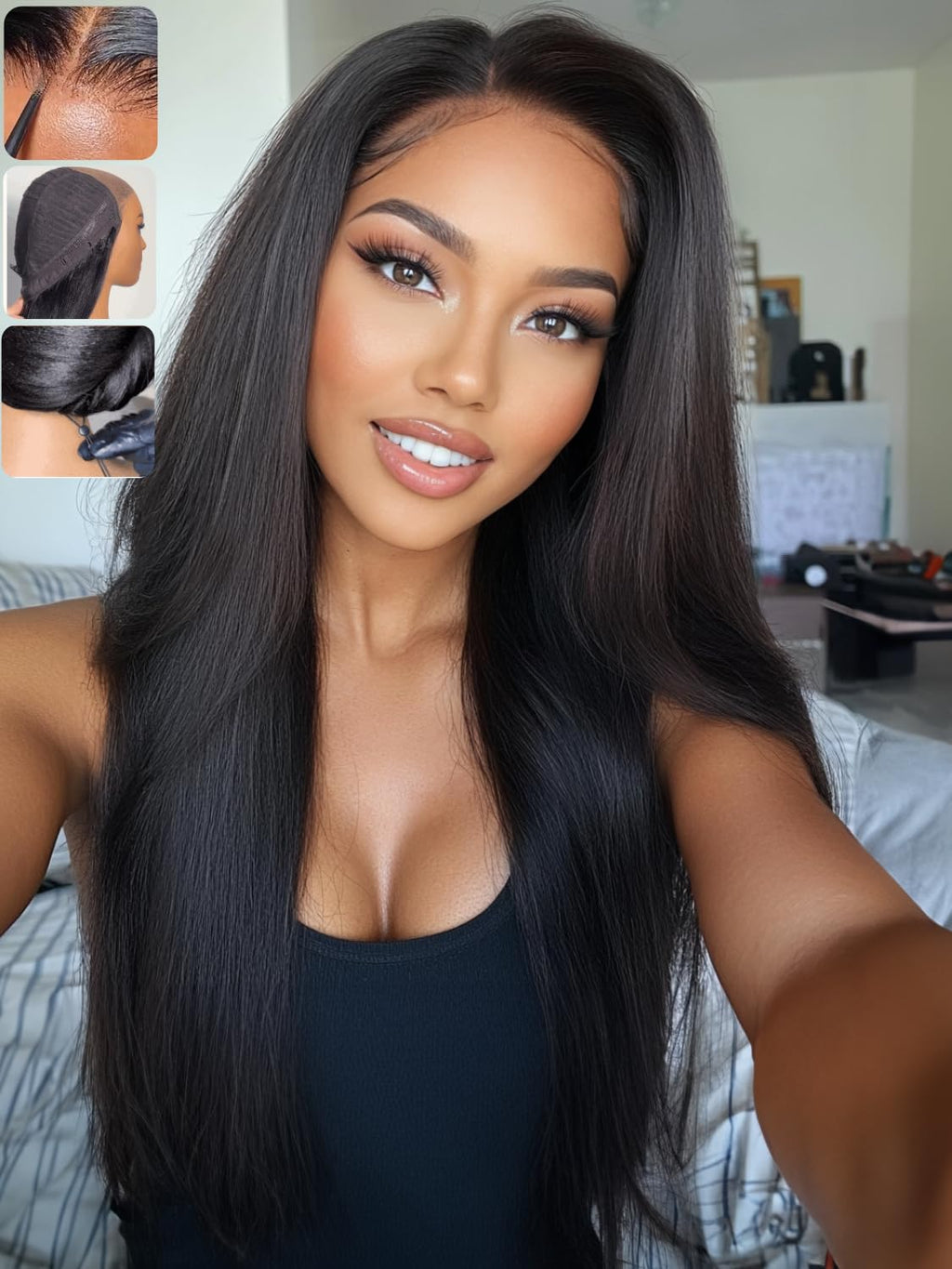 Golden Brown Highlight Glueless Yaki Straight Precut 7x5 Lace Front Wigs Human Hair Drawstring Ombre Pre Plucked Bleached Knots 30S Ready to Wear and Go Wig with Dark Roots 16Inch
