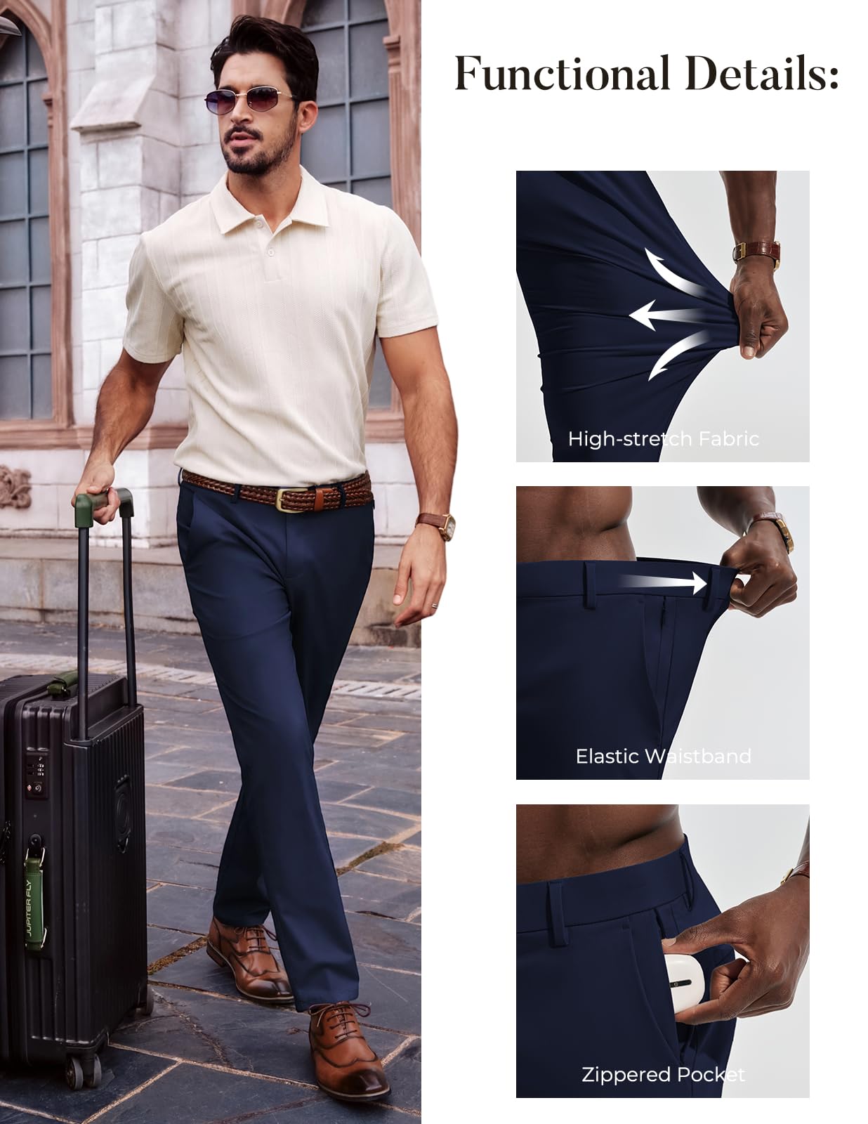 Mens Dress Pants 4-Way Stretch Tapered Trousers Extended Waist Dress Pant Casual Golf Pants