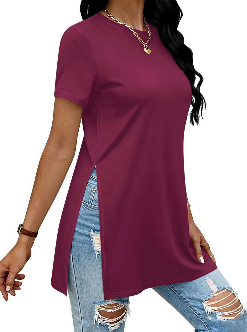 Remidoo Side Slit Tees for Women Tunic Tops Crewneck Long T Shirt Loose Fit Short Sleeve Tee