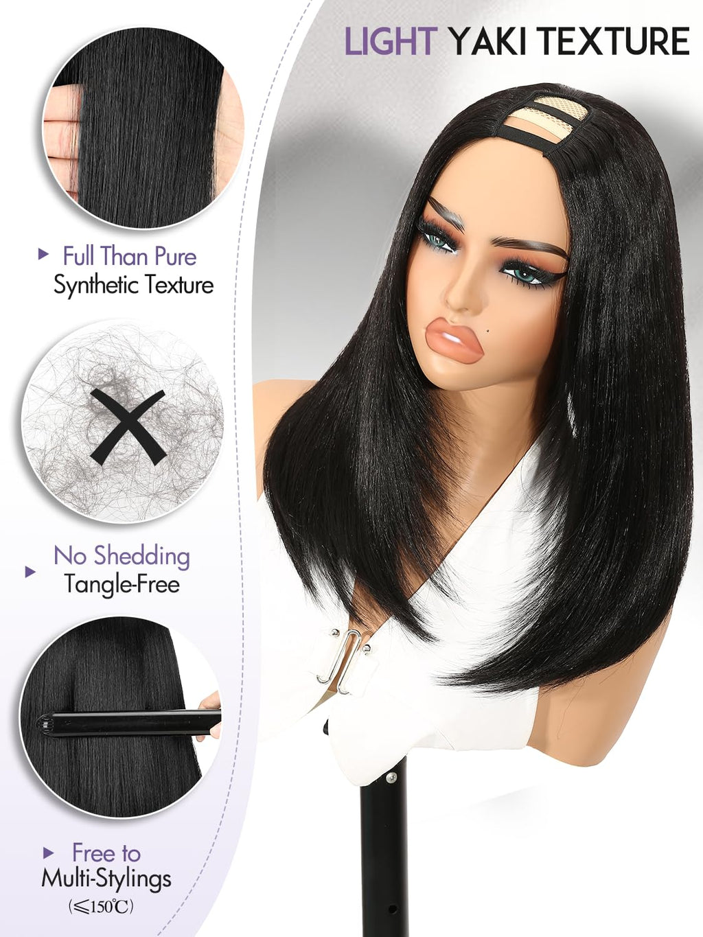 Yaki Straight Layered U Part Wigs V Part Glueless Clip in Half Wigs for Women Realistic Natural Looking Heat Resistant Synthetic Hair(24inch,Natural Black)