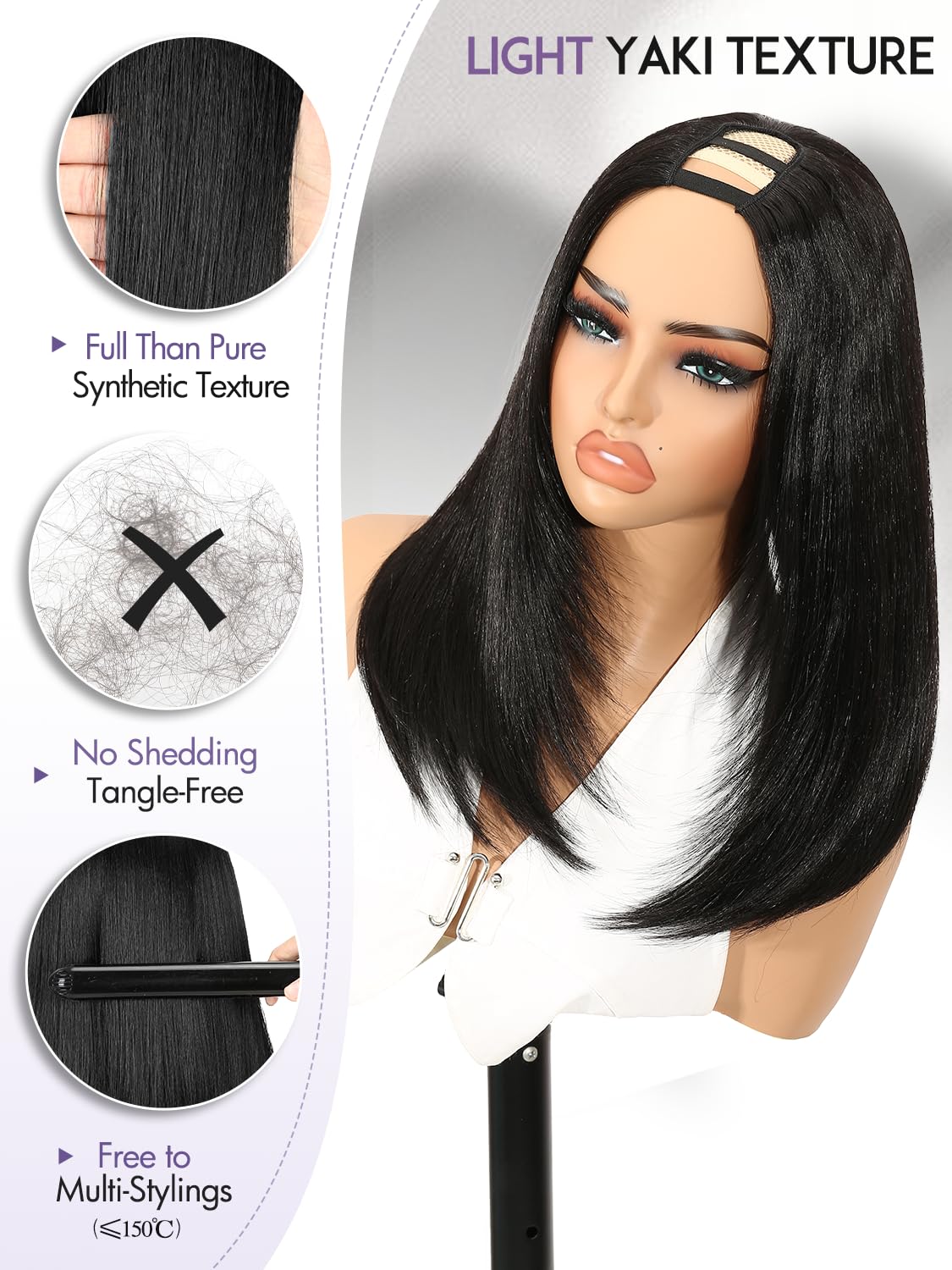Yaki Straight Layered U Part Wigs V Part Glueless Clip in Half Wigs for Women Realistic Natural Looking Heat Resistant Synthetic Hair(24inch,Natural Black)