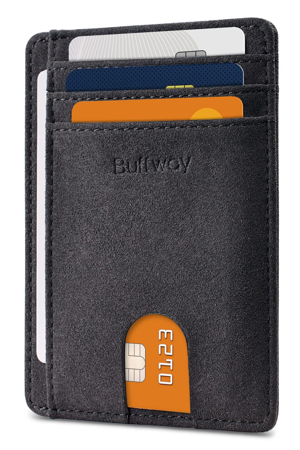 Slim Minimalist Front Pocket RFID Blocking Leather Wallets for Men and Women - Carbon Fiber Black
